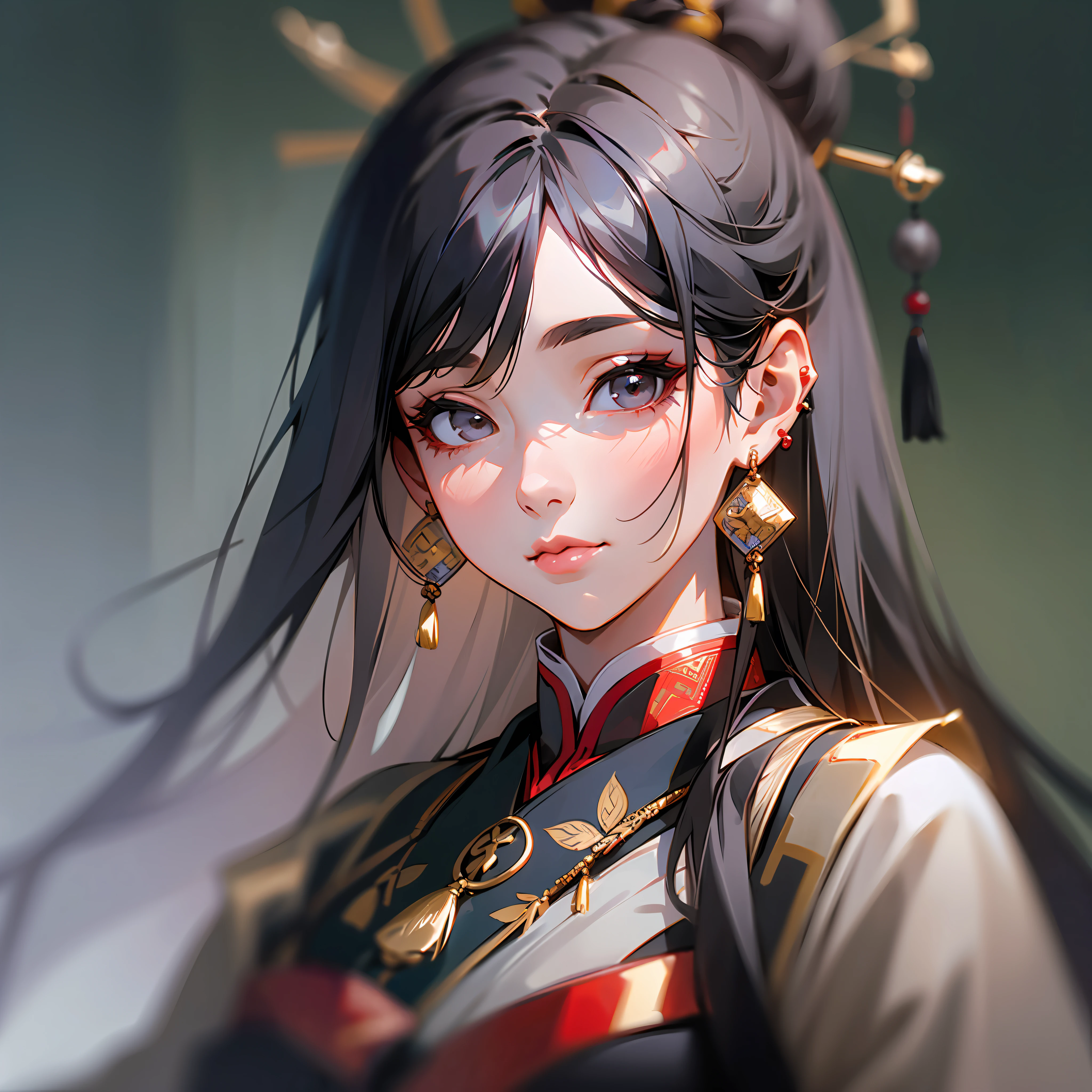 solo, jewelry, earrings, long hair, 1girl, cute, looking at the audience, portrait, gray hair, blurred, black hair, closed mouth, chinese clothes, gray eyes, fringed earrings, realistic, lips, tassels, blurred background --auto --s2
