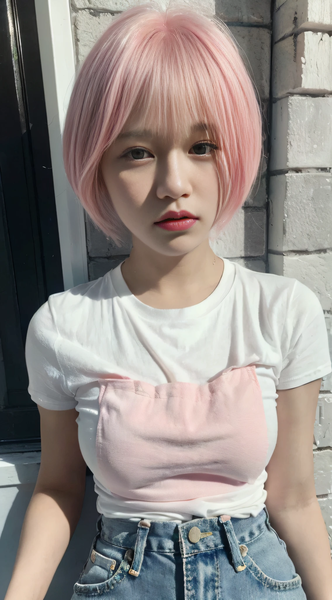 ((Best Quality, 8K, Masterpiece: 1.3)), Focus: 1.2, Perfect Body Beauty: 1.4, ((Layered Haircut, Small Boobs: 1.2)), (Street:1.3), White T-shirt, Pink Hair, Blue Jeans, Delicate Face, Delicate Eyes, Front, Whitened Skin, Long Hair, (Shut Up: 1.3), Full Body
