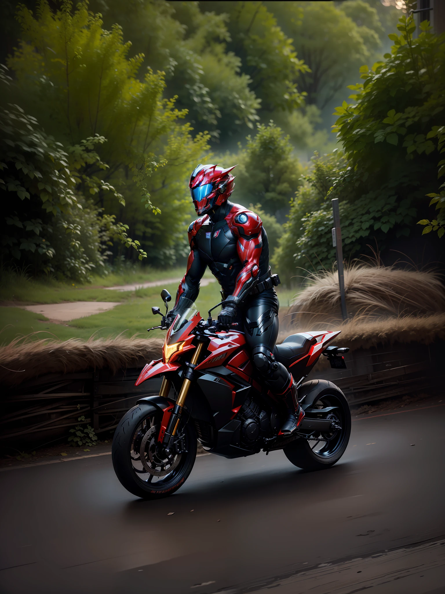Cyber Man Warrior and Motorcycle, Nousr, Biomechanics, MSHN Robot Man, High-Tech Helmet, Hyperreal, Steel, Intricate Design, Crazy Details, Fine Details, Extremely Clear Lines, Cinematic Lighting, Photo Realistic, Detailed Masterpiece