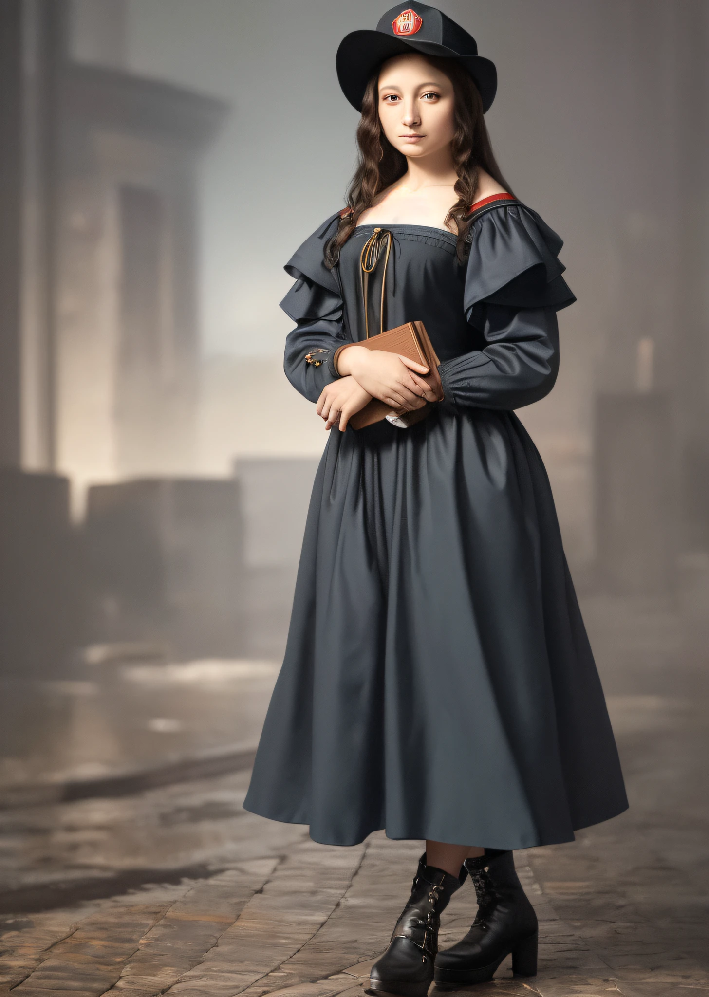 Mona Lisa Dressed in Firefighter Uniform,, Gentle Expression, Full Body Portrait, Shoes, Catwalk, Masterpiece, Highest Quality, High Quality, Highly Detailed CG Unit 8k Wallpaper, Award Winning Photo, Bokeh, Depth of Field, HDR, Flood, Chromatic Aberration, Realistic, Very Detailed, Art Station Trend, CGsociety Trend, Complex, High Detail, Dramatic, Midway Art, Volumetric Lighting