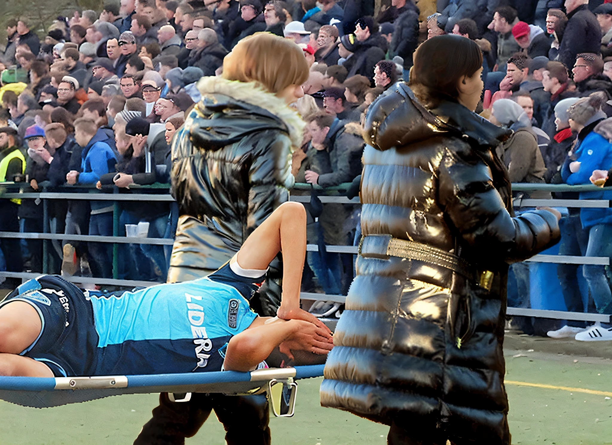 There is a man lying on a stretcher with his arms crossed over his face, a man in a red t-shirt has crossed his arms over his face, the man has an agonised face under his arms, three women are wearing very shiny coats, there are women wearing shiny leather clothes, several women walking around a football field with an injured athlete on a stretcher, the injured athlete on the stretcher covers his face with both hands, the women look very worried, behindthe women there is a frightening atmosphere, there is heavy rainfall in the background, video still, behind the scenes, Malika Favre, screenshot, footage, 4 0 9 6, cover photo, aesthetic shot, dramatic mood, intense scene, Making of, Mongezi Ncaphayi, Thriller atmosphere, Filming, Edited