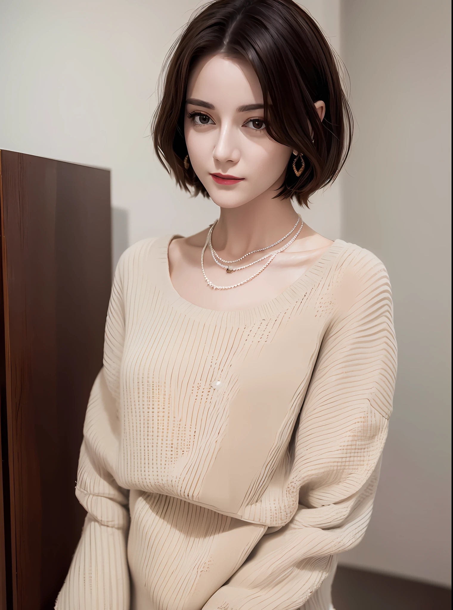 (Best Quality, 8k, 32k, Masterpiece, UHD: 1.2), photo of beautiful woman, room, very short Bob hair, upper body, facial focus, oversized_sweater, necklace, simple background, from above, looking at the viewer