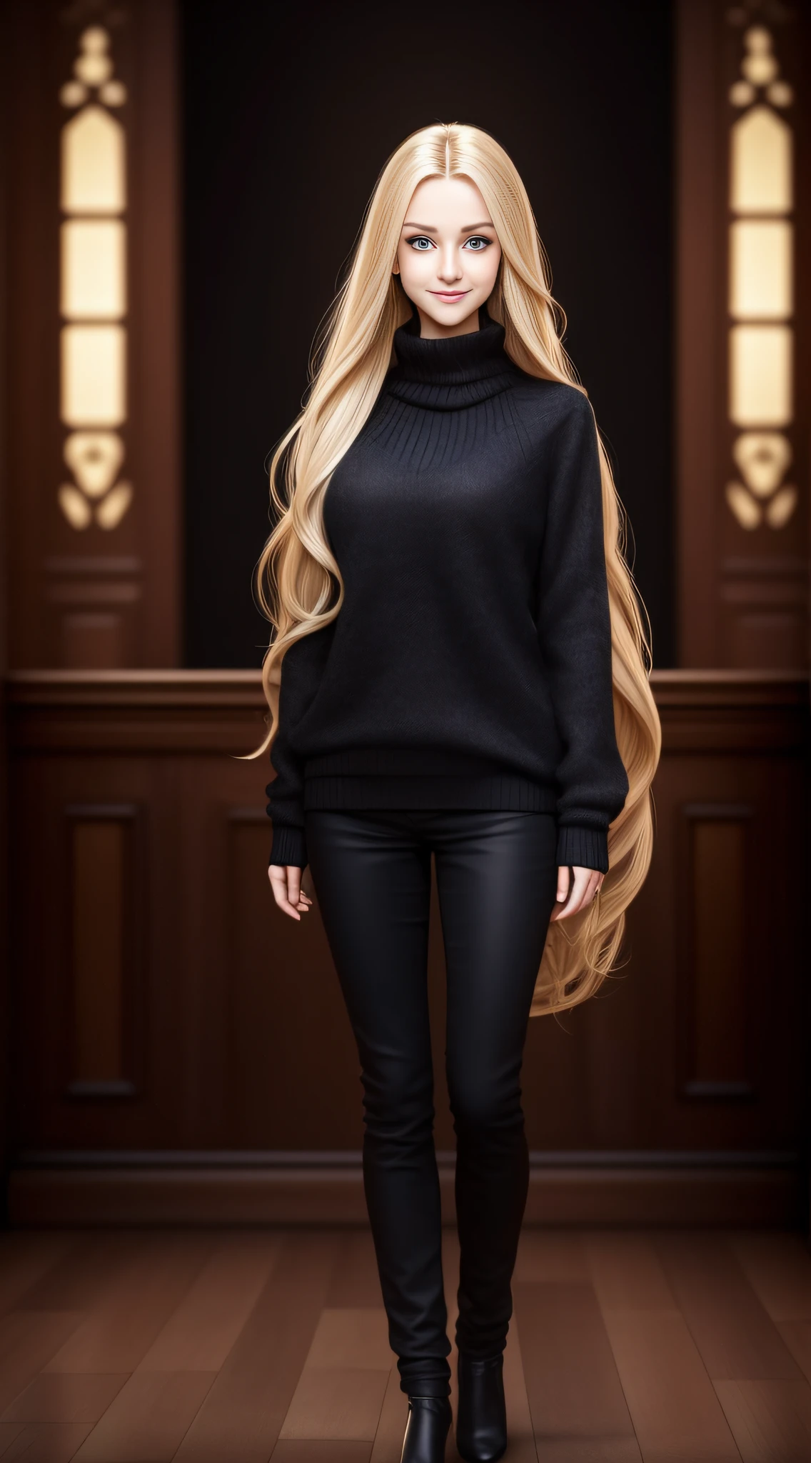 Masterpiece, absurd, HDR, highly detailed eyes and face, smile, beautiful nod_woman, a woman with long blonde hair and black sweater, perfect nod_body, perfect nod_face, (same character, front), (full body photo (FLS): 1.6) (standing: 1.4), facing the audience