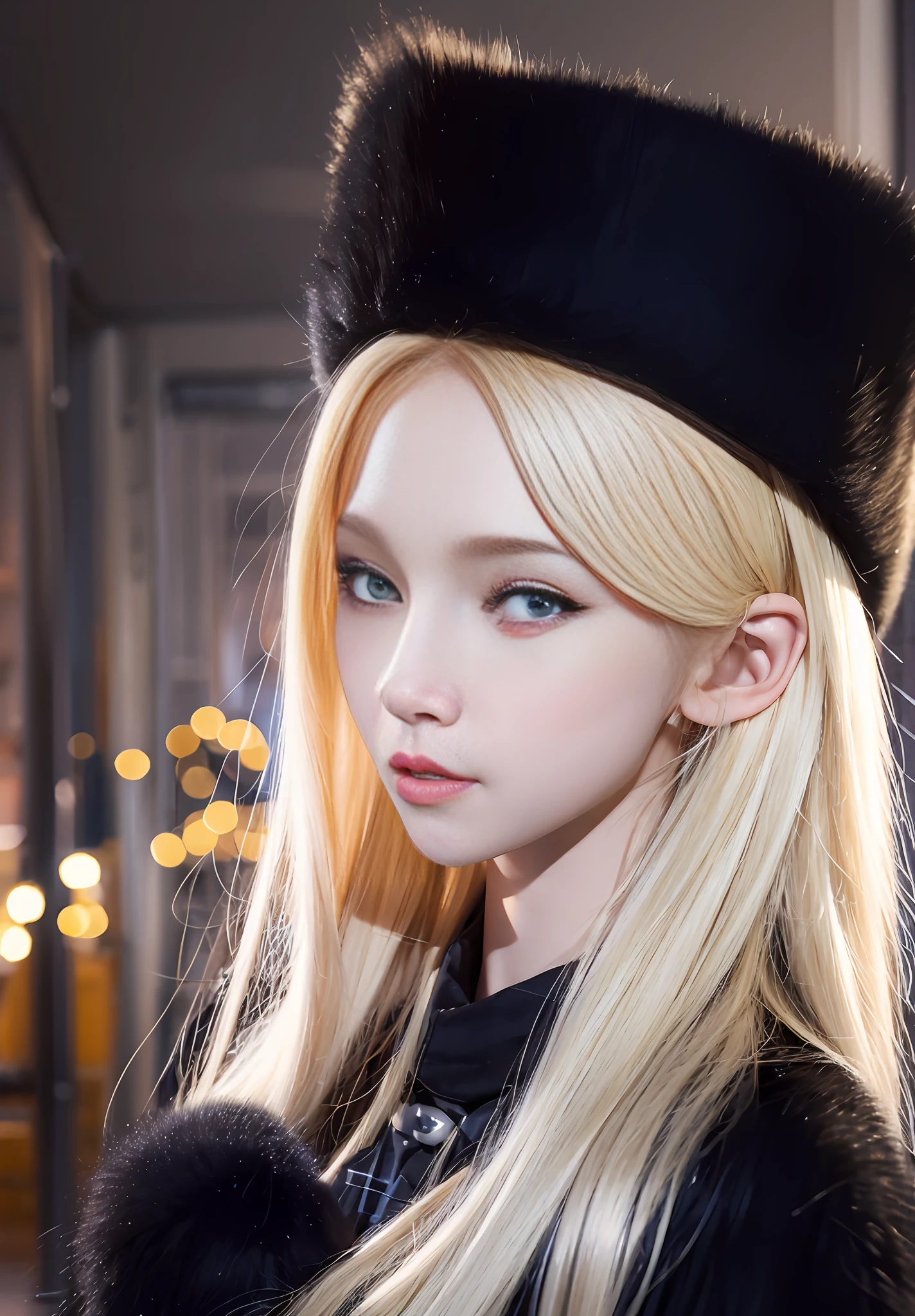 8k photo, f/1.8, ultra-realistic, blonde straight long hair,(( blonde parts)),cute idol、blue eyes parts,slender body, beautiful girl,wingless black fur Russian hat,black fur cape,black fur long coat,black one-piece maetel hat,galaxy express 999 maetel lookup beauty,night station platform,beautiful girl waiting for the institution
Waiting to start