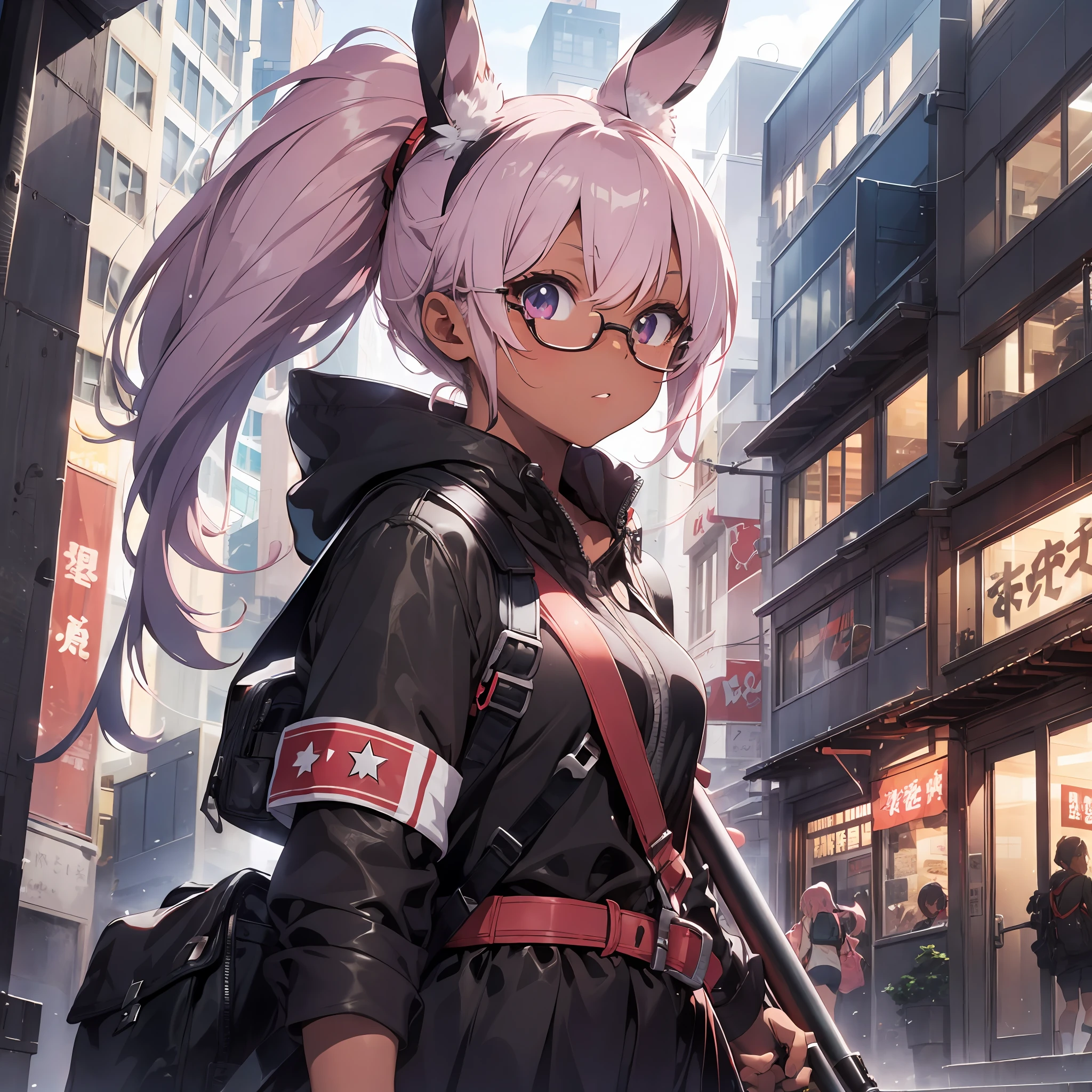 Sunglasses, urban buildings background, red school swimsuit, thick eyebrows, leather backpack, bazooka protruding into the backpack, carrying heavy weapons, (dark skin: 1.3), black gloves, brown skin, movie lighting, small, beautiful light pink hair, rabbit ears, (masterpiece), ((best quality)), (super detailed), glossy skin, full body anime girl, solo, clean and detailed anime face, High resolution anime eyes, five fingers, textile shading, perfect human structure, perfect anatomy,