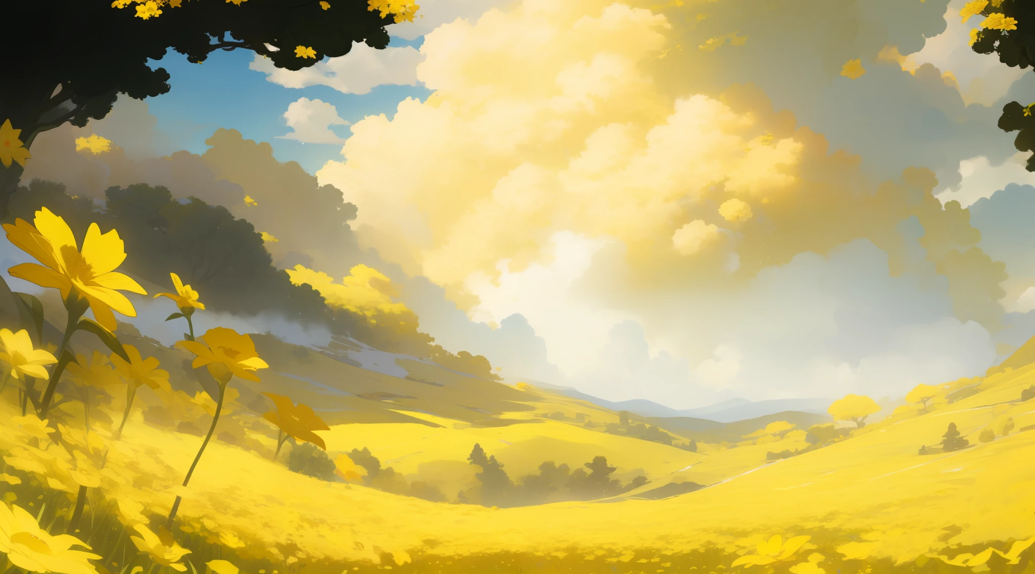 (Intricate details, masterpiece, best quality, high resolution, 8k) foreground yellow flower close-up, yellow flower, big tree, vista mountain, cloud, anime background,