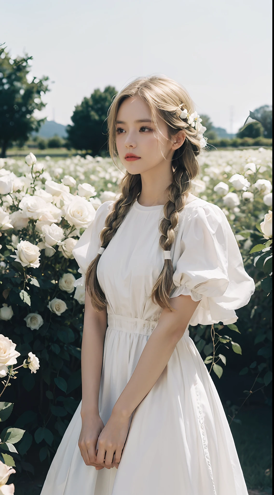 Poetic shots, hazy light and shadow, aestheticism, melancholic film, 1 girl, blonde hair, braids, emotional depth, white dress, flowers, flower fields, roses, bloom,