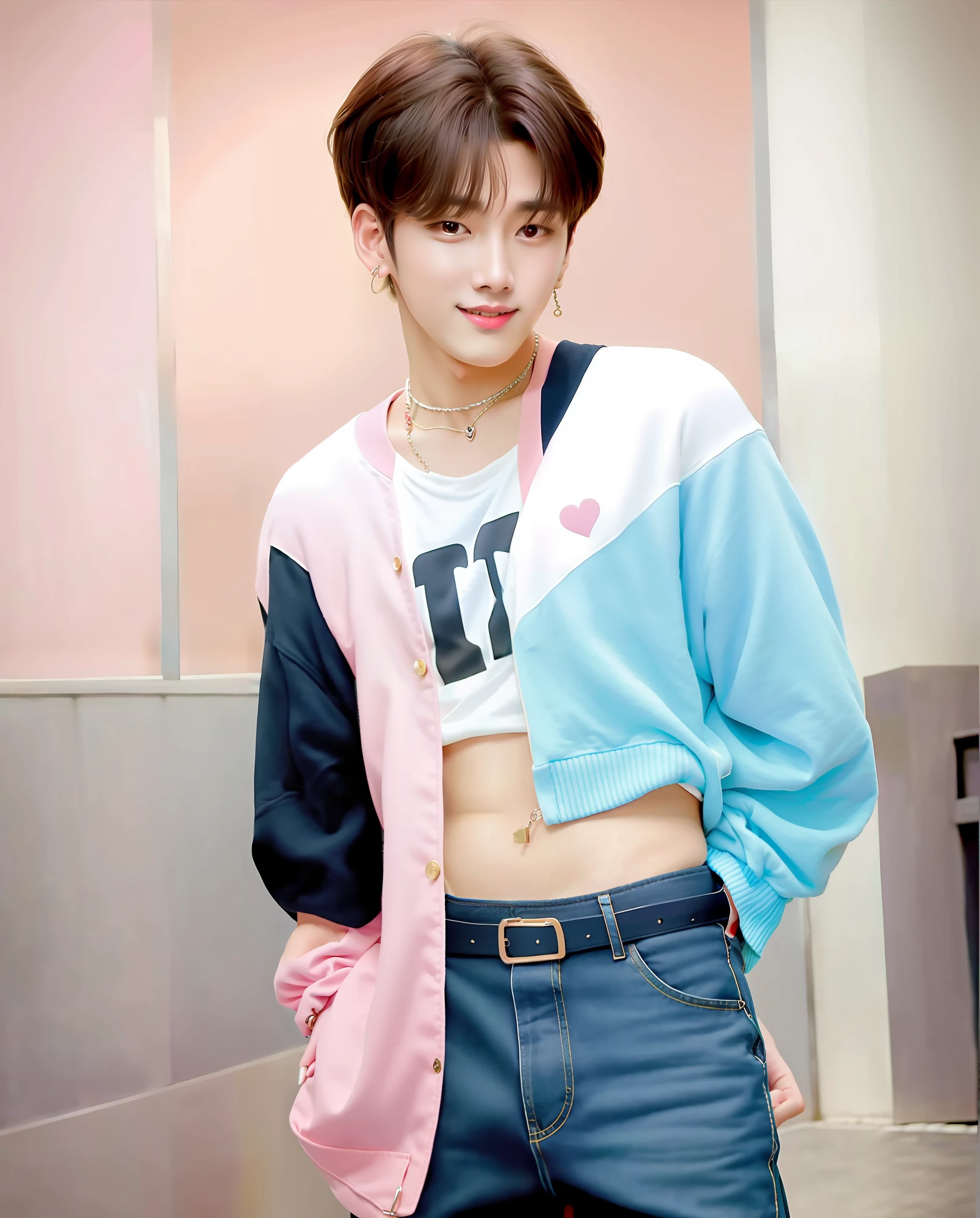 a young man with a colorful outfit, Wearing cute cozzy clothes, with fake kemonomimi, a theater in the background, kim doyoung, cute boy, 1boy,park Jimin, cai xukun, jinyoung shin, male ulzzang, hong june hyung, inspired by jeonseok lee, hyung tae, portrait of kpop idol, an adorable korean face, yanjun chengt, happy, heart symbol, 8k, 16k, raw photography, masterpiece, uhd, sexy smile, blush cheeks, male idol, flat chest, curly hair