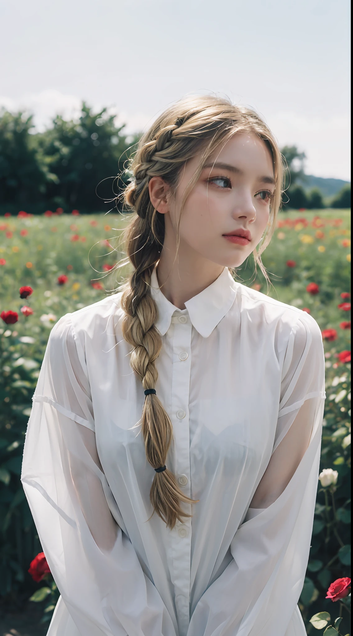 Poetic shots, hazy light and shadow, aestheticism, melancholic film, 1 girl, blonde hair, braids, emotional depth, shirt, flowers, flower fields, roses, bloom,