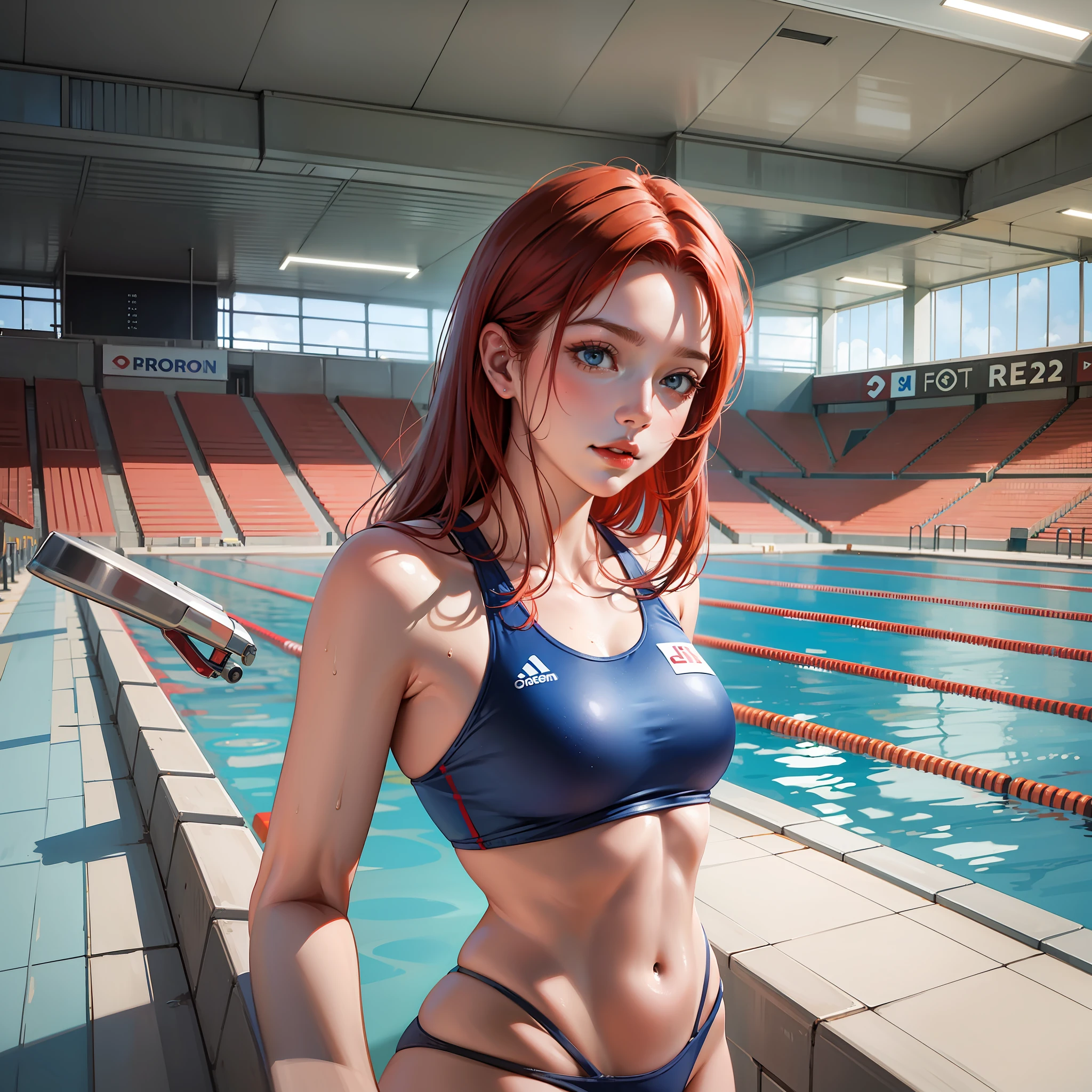 masterpiece, best quality, realistic, ultra detailed, SFW, 1girl, toned red-haired swimmer in a blue swimsuit in a swimming stadium, gets out of the pool, audience, cameras