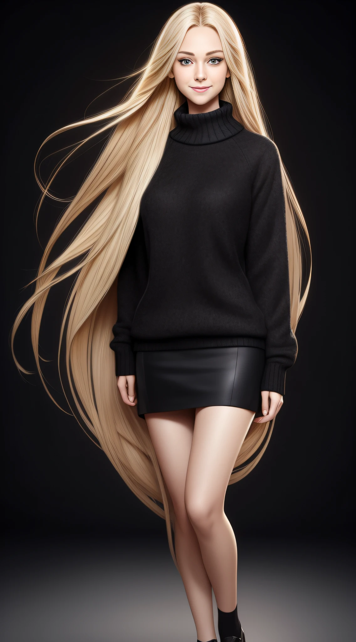 Masterpiece, absurd, HDR, highly detailed eyes and face, smile, beautiful nod_woman, a woman with long blonde hair and black sweater, perfect nod_body, perfect nod_face, (same character, front), (full body photo (FLS): 1.6) (standing: 1.4), facing the audience