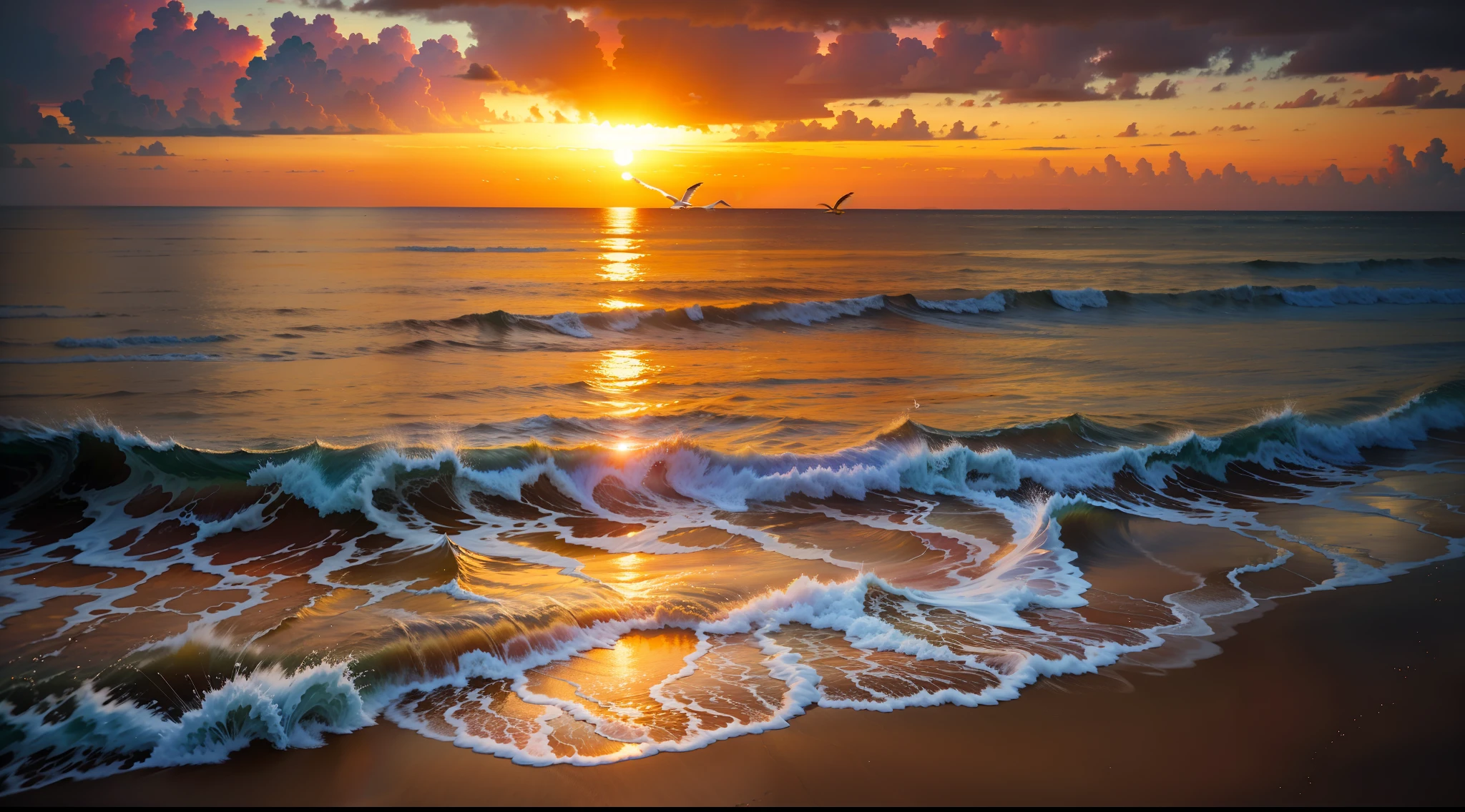 An absolutely mesmerizing sunset over the beach with a mixture of orange, pink and yellow tones filling the sky. The crystal clear waters of the sea gently kiss the shore, and the white sandy beach stretches far and wide. The scene is dynamic and exciting, with seagulls soaring high in the sky and palm trees gently swaying. Soak up the soothing atmosphere and let peace envelop you.