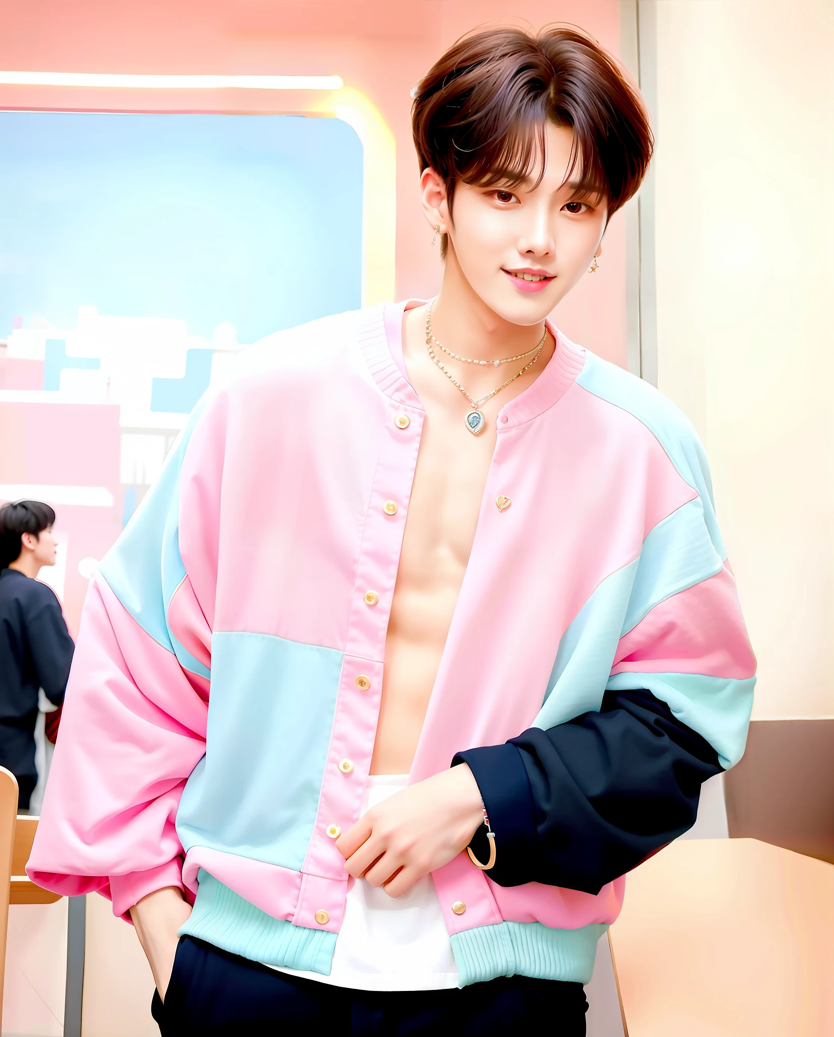 a young man with a colorful outfit, Wearing cute cozzy clothes, with fake kemonomimi, a theater in the background, kim doyoung, cute boy, 1boy,park Jimin, cai xukun, jinyoung shin, male ulzzang, hong june hyung, inspired by jeonseok lee, hyung tae, portrait of kpop idol, an adorable korean face, yanjun chengt, happy, heart symbol, 8k, 16k, raw photography, masterpiece, uhd, sexy smile, blush cheeks, male idol, flat chest, curly hair