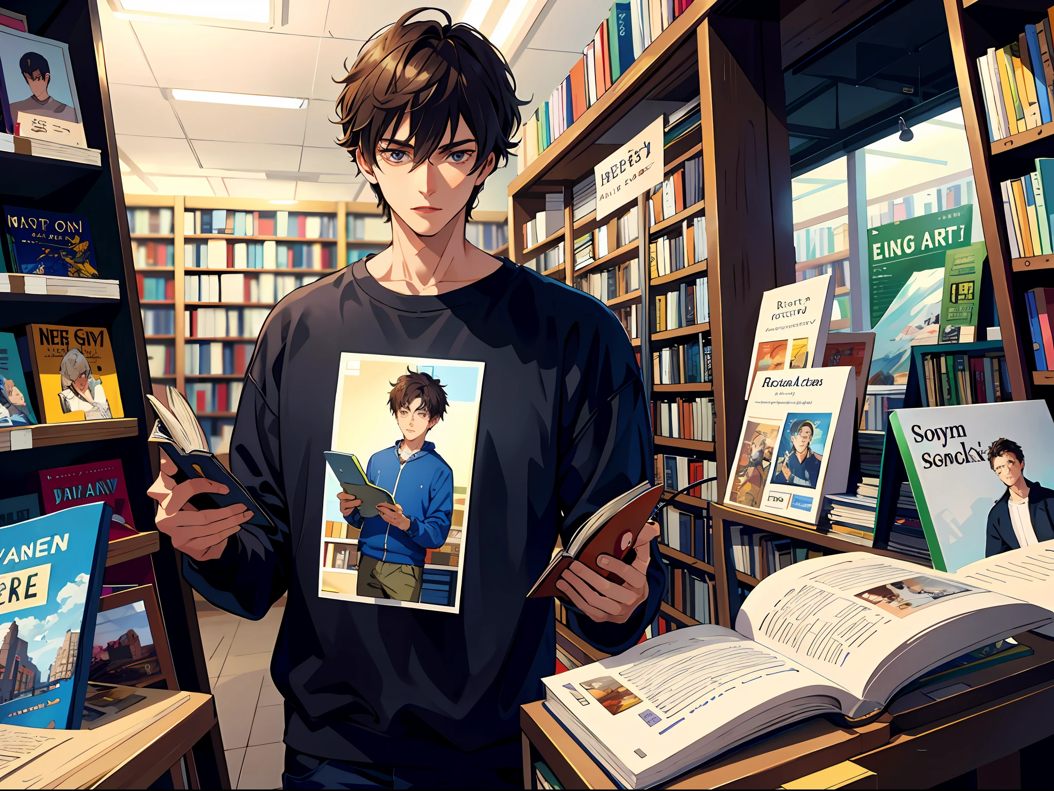 High resolution, highest quality, illustrations, super detailed, (detailed face), (detailed eyes) A young handsome young man wearing a casual sweatshirt is buying a book in a bookstore