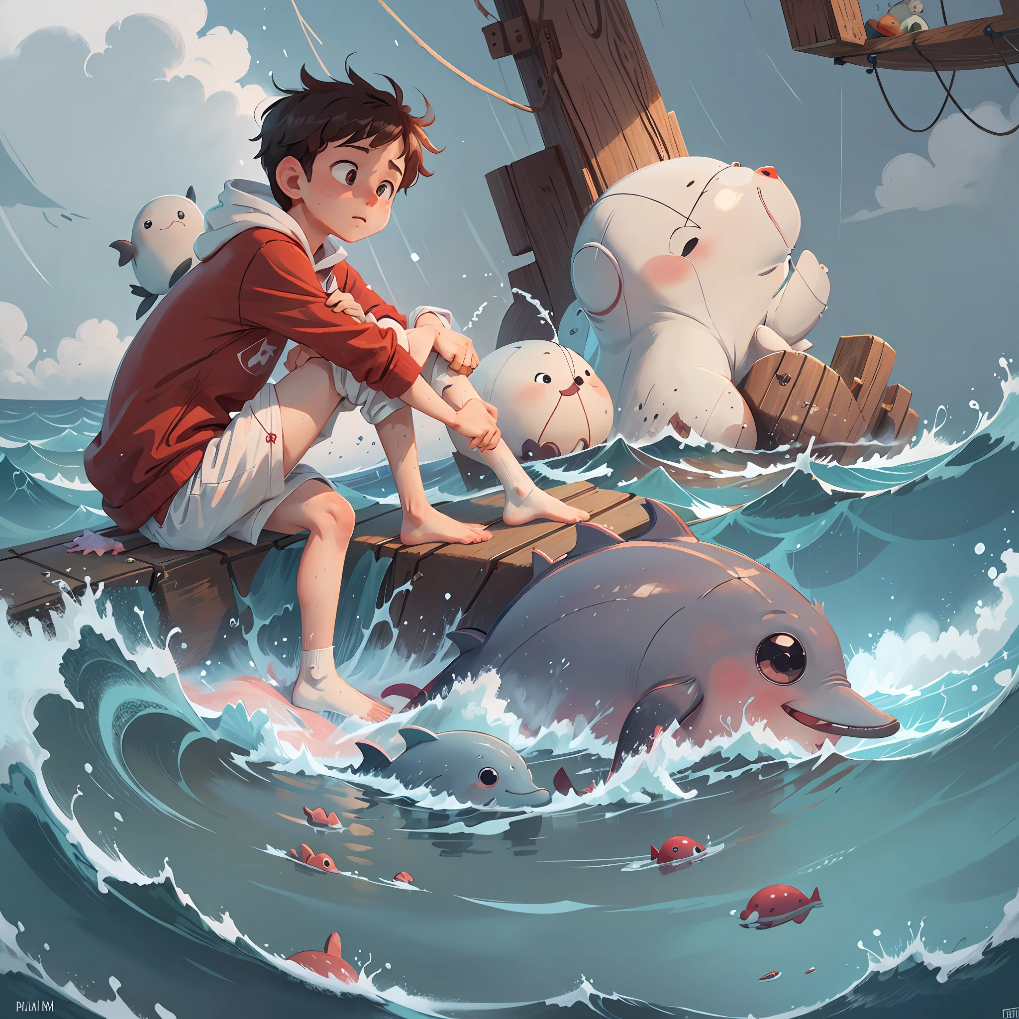 At sea during a thunderstorm, a boy in a red sweatshirt and white lining lies on a damaged plank, is saved by a kind dolphin, and they become loyal friends and companions