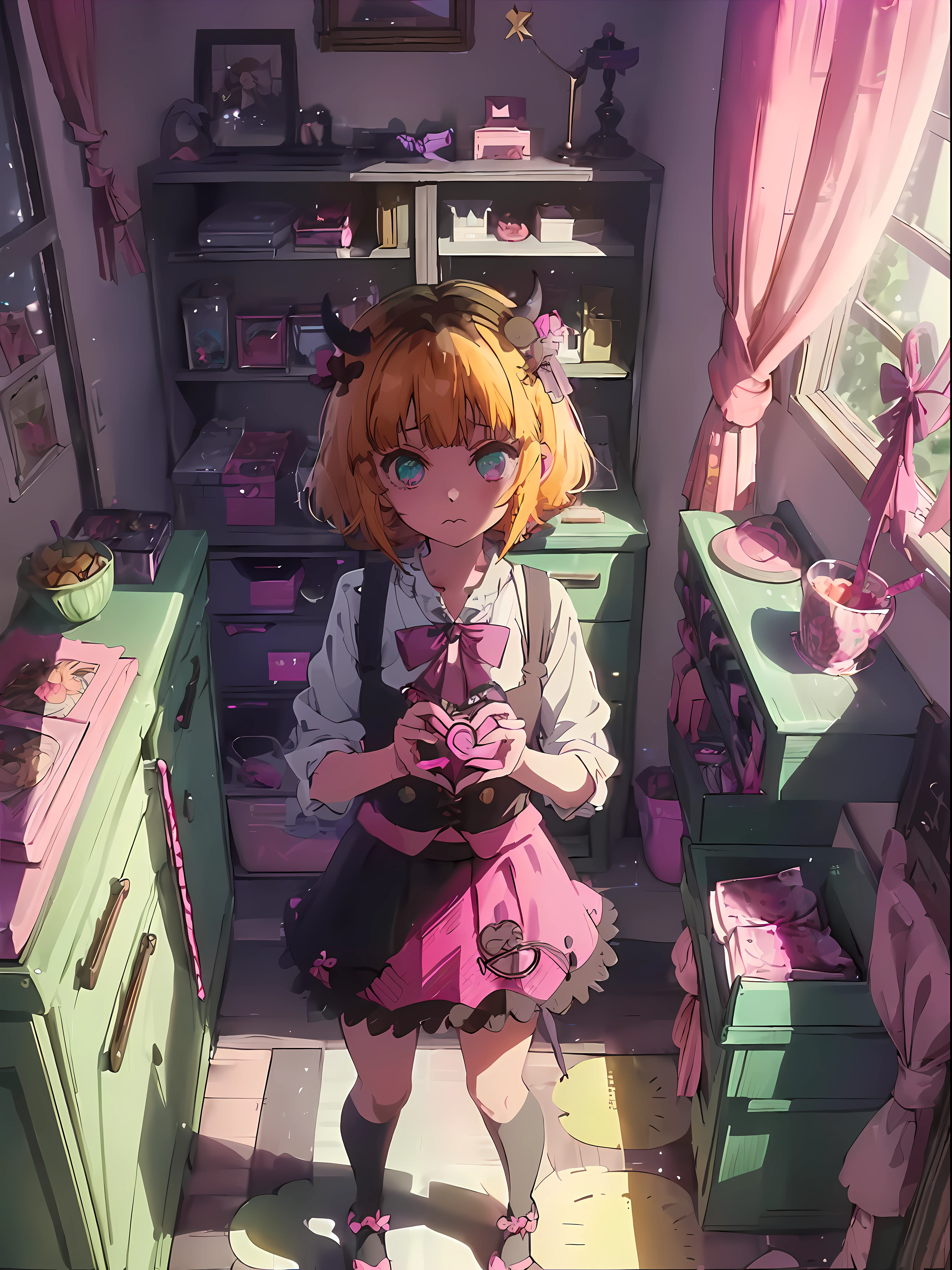 memcho, blonde, small horns, short hair, big eyes, ω, closed mouth, (pink kawaii room),(pink gothic room),(messy room, marchen,candy,heart item,ribbon,star item,small window, mini skirt,