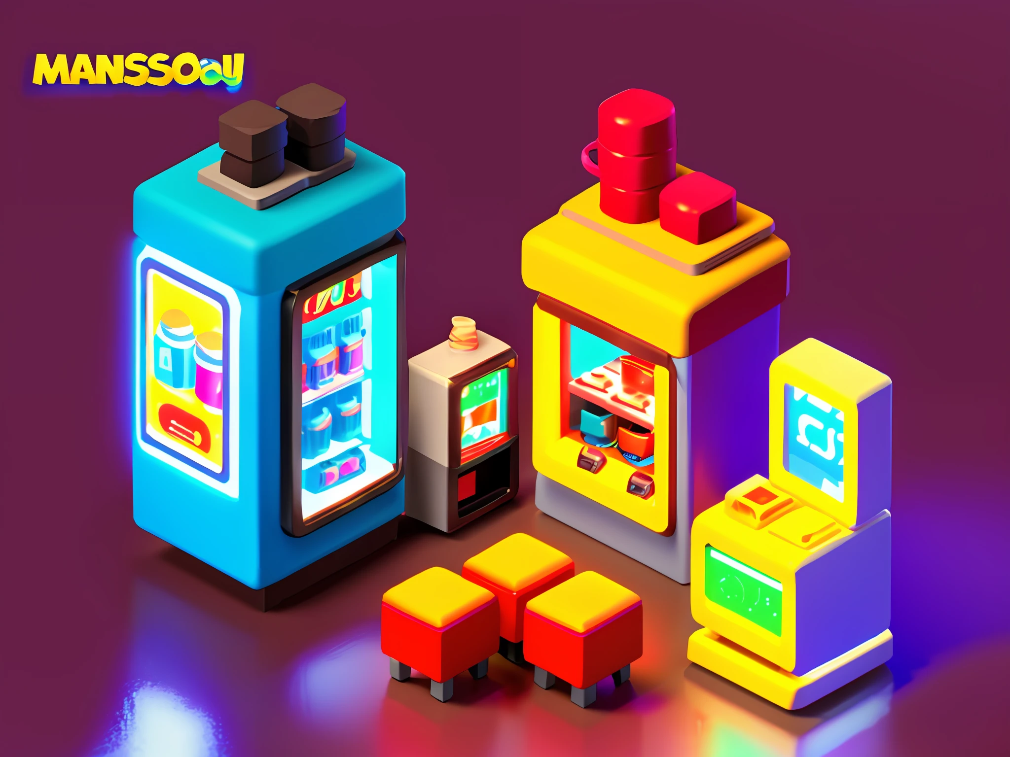 masterpiece, best quality, toon, 3d, cyberpunk style, (arcade console game), (bar), (coffee shop), (vending machine), futuristic