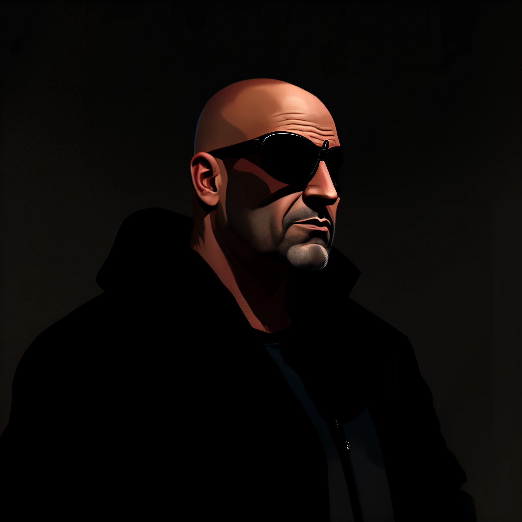 a close up of a man in a black jacket and sunglasses, bald head and menacing look, digital matt painting, drawn in a neo - noir style, smooth. digital painting, comic digital art, middle aged balding superhero, #1 digital painting of all time, # 1 digital painting of all time, fan art, dark but detailed digital art