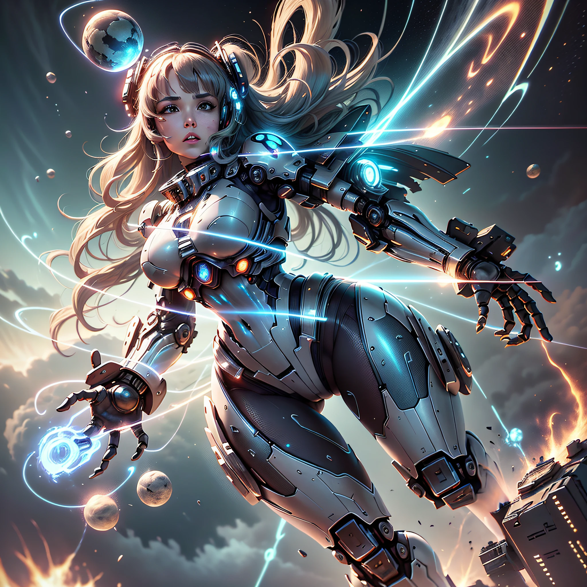 ((Best quality)), ((masterpiece)), (highly detailed:1.3), 3D, Pretty, (cyberpunk:1.2), In Space, Nebula, holding_weapon, (1Female mecha:1.3), facing the audience, golden eyes, long white-blond hair, long silky hair, full body, (flying, diving down, dynamic, Motion Blur: 1.4), (Giant Mech Wings: 1.6), Look Up, glowing_eyes, Mecha, Panorama, Earth, Nebula, Space, Particle, Reality, HDR (High Dynamic Range), Ray Tracing, NVIDIA RTX, Super Resolution, Unreal 5, Subsurface Scattering, PBR Textures, Post-Processing, Anisotropic Filtering, Depth of Field, Maximum Sharpness and Sharpness, Multi-layer Textures, Albedo and Specular Maps, Surface shading, Accurate simulation of light-material interactions, Perfect Proportions, Octane Render, Duotone illumination, Large aperture, Low ISO, White balance, Rule of Thirds, 8K RAW, High Efficiency Sub-Pixel, Subpixel Convolution, Sexy --auto --s2