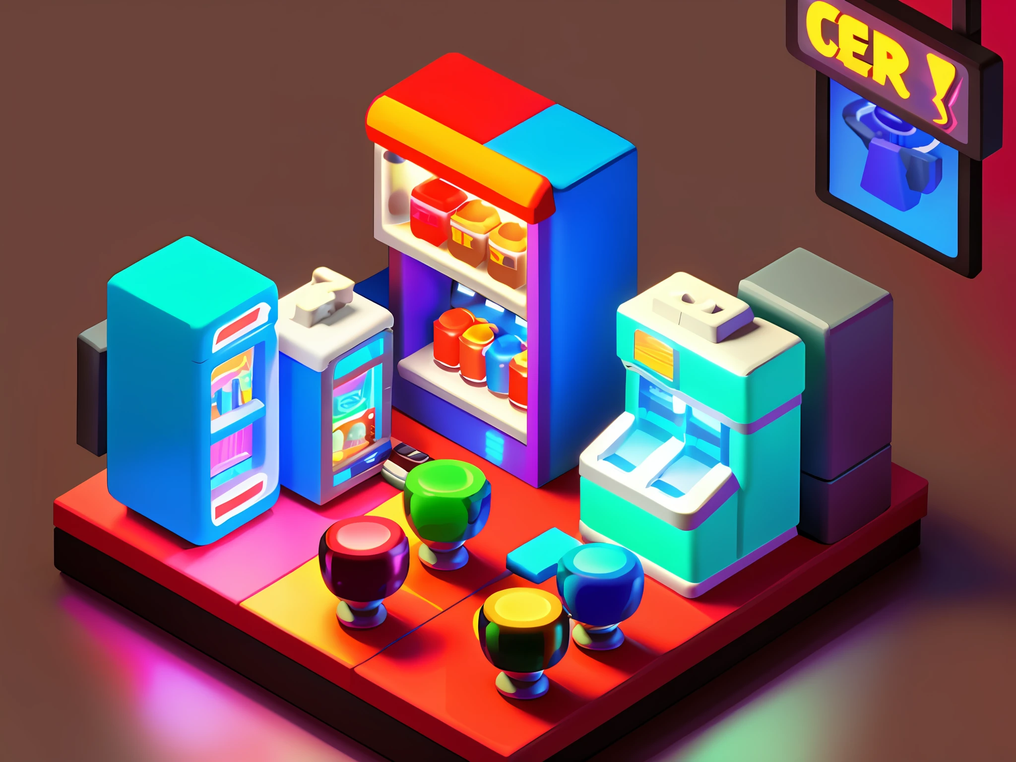 masterpiece, best quality, toon, 3d, cyberpunk style, (arcade console game), (bar), (coffee shop), (vending machine), futuristic