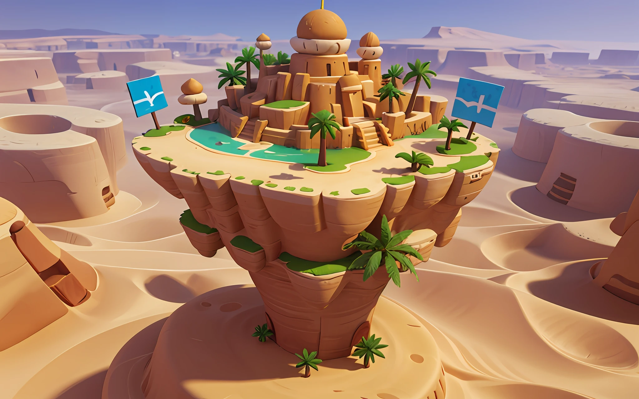 Mini floating island, floating in the air, desert scene, solid color background, cartoon style, mini game scene design, masterpiece, best quality, 3D