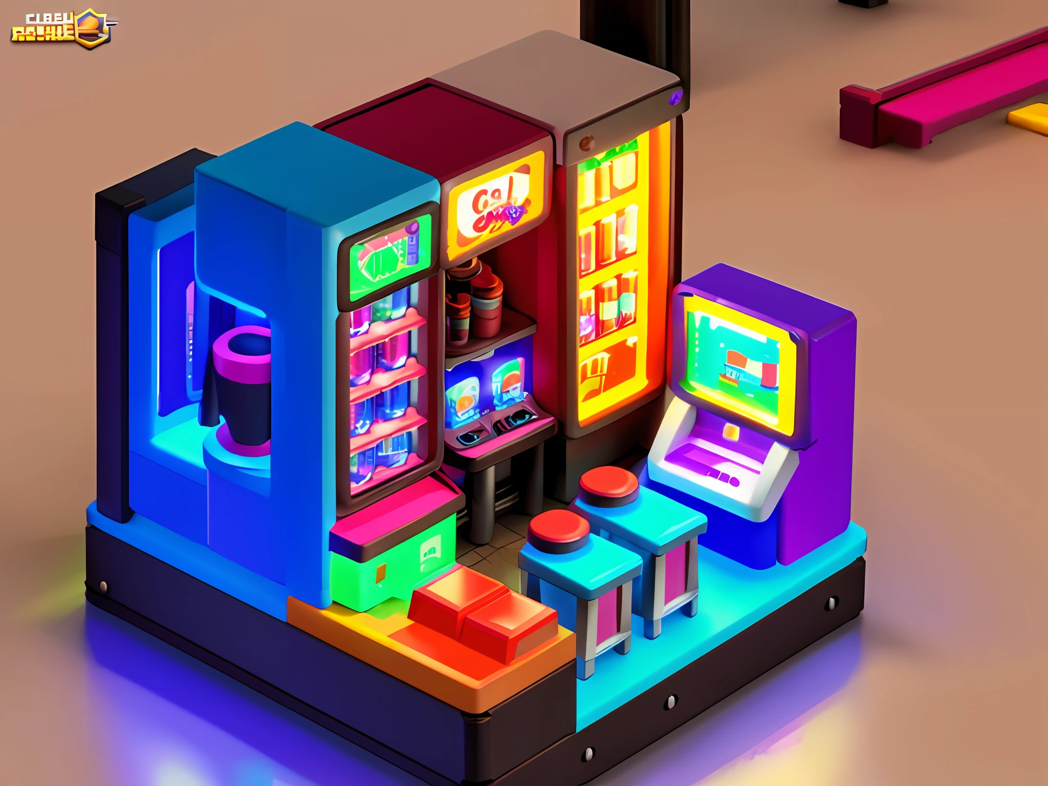 masterpiece, best quality, toon, 3d, cyberpunk style, (arcade console game), (bar), (coffee shop), (vending machine), futuristic