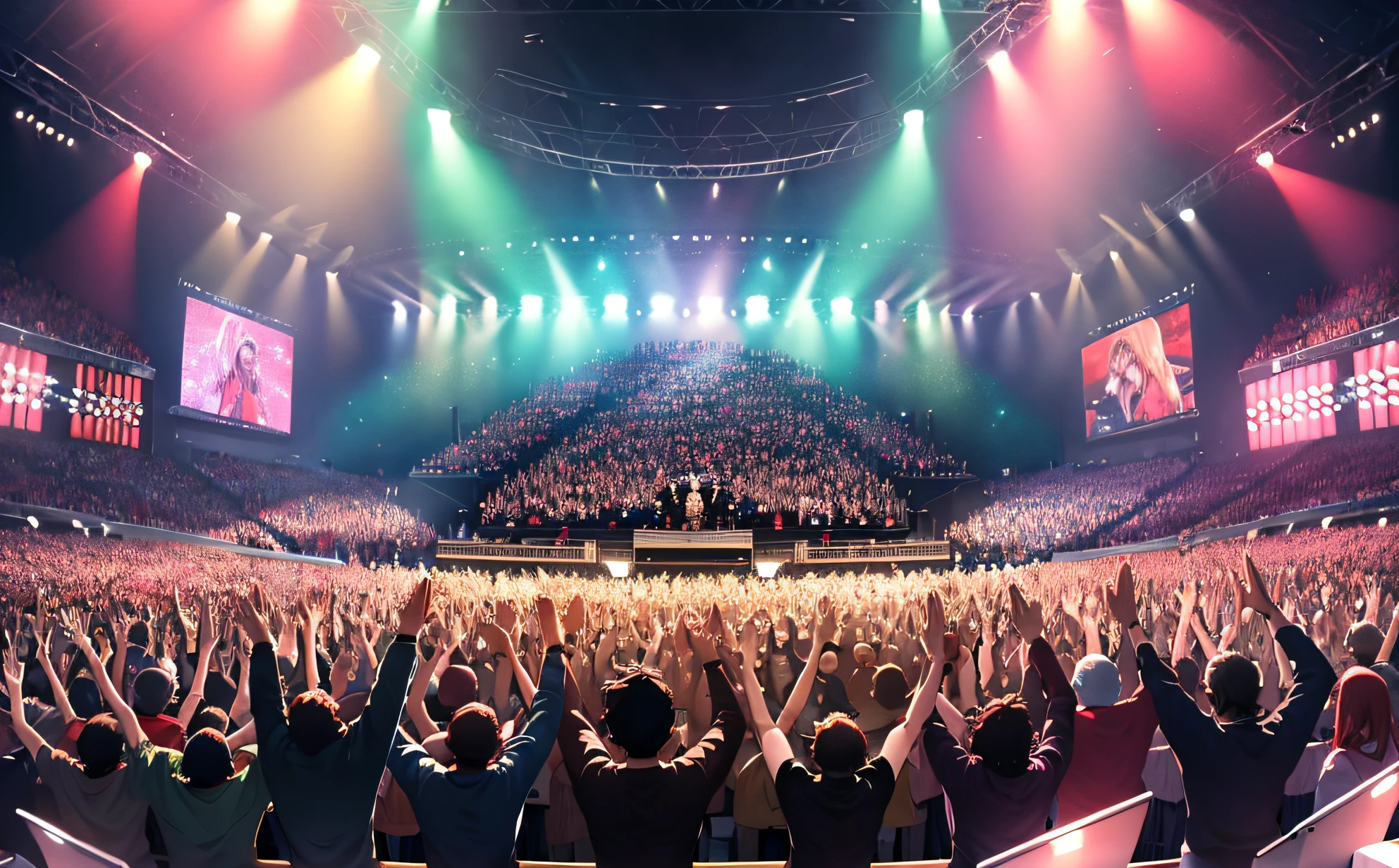 Masterpiece, best quality, super detailed, concert stage background, crowd with excitement, raised hands and cheered, concert, overhead view, vista