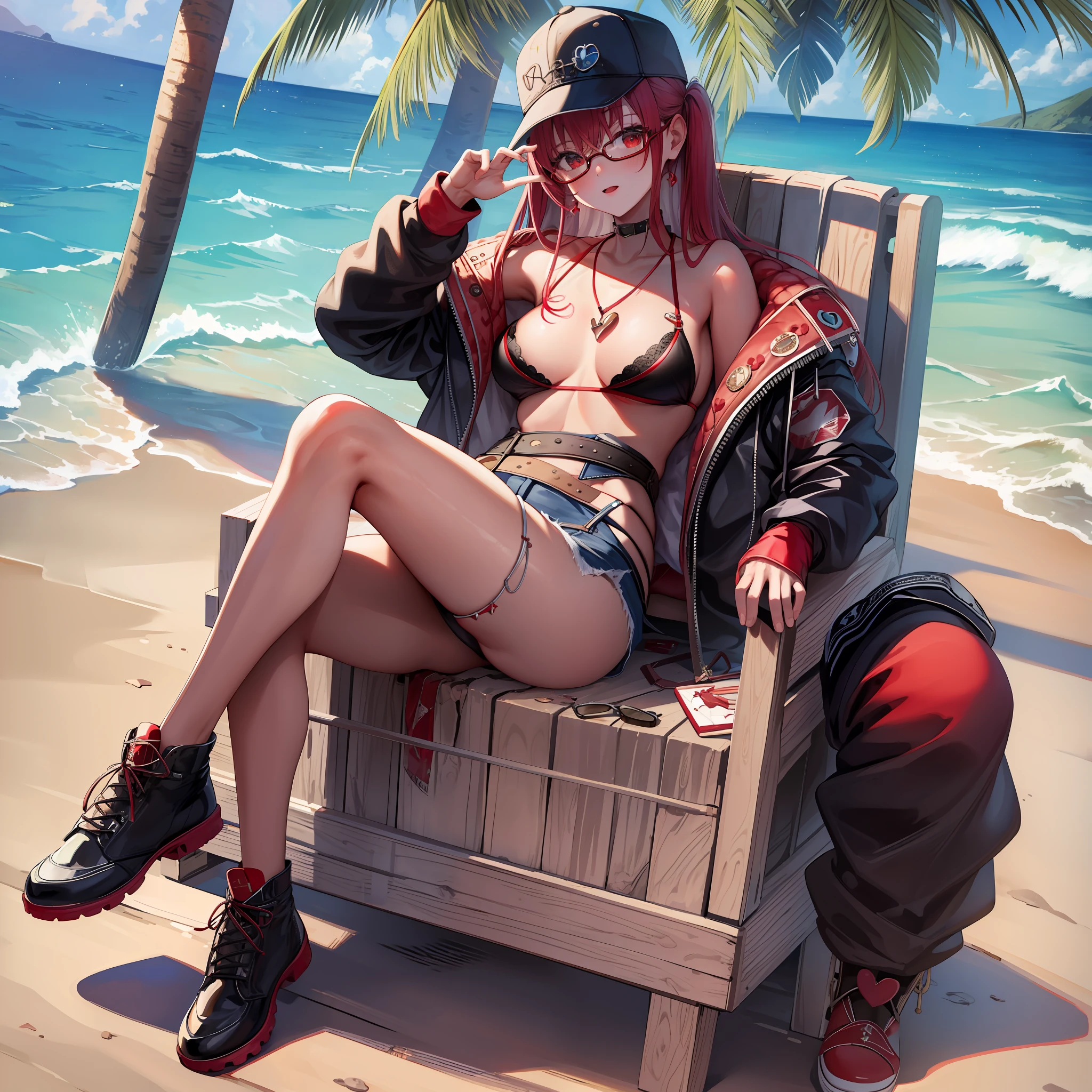 ((Masterpiece)), (Best Quality),marine_beach, red bikini, white shorts, jewelry, black jacket, baseball cap, heart-shaped eyewear, (NSFW: 2.0), Full Body, Solo