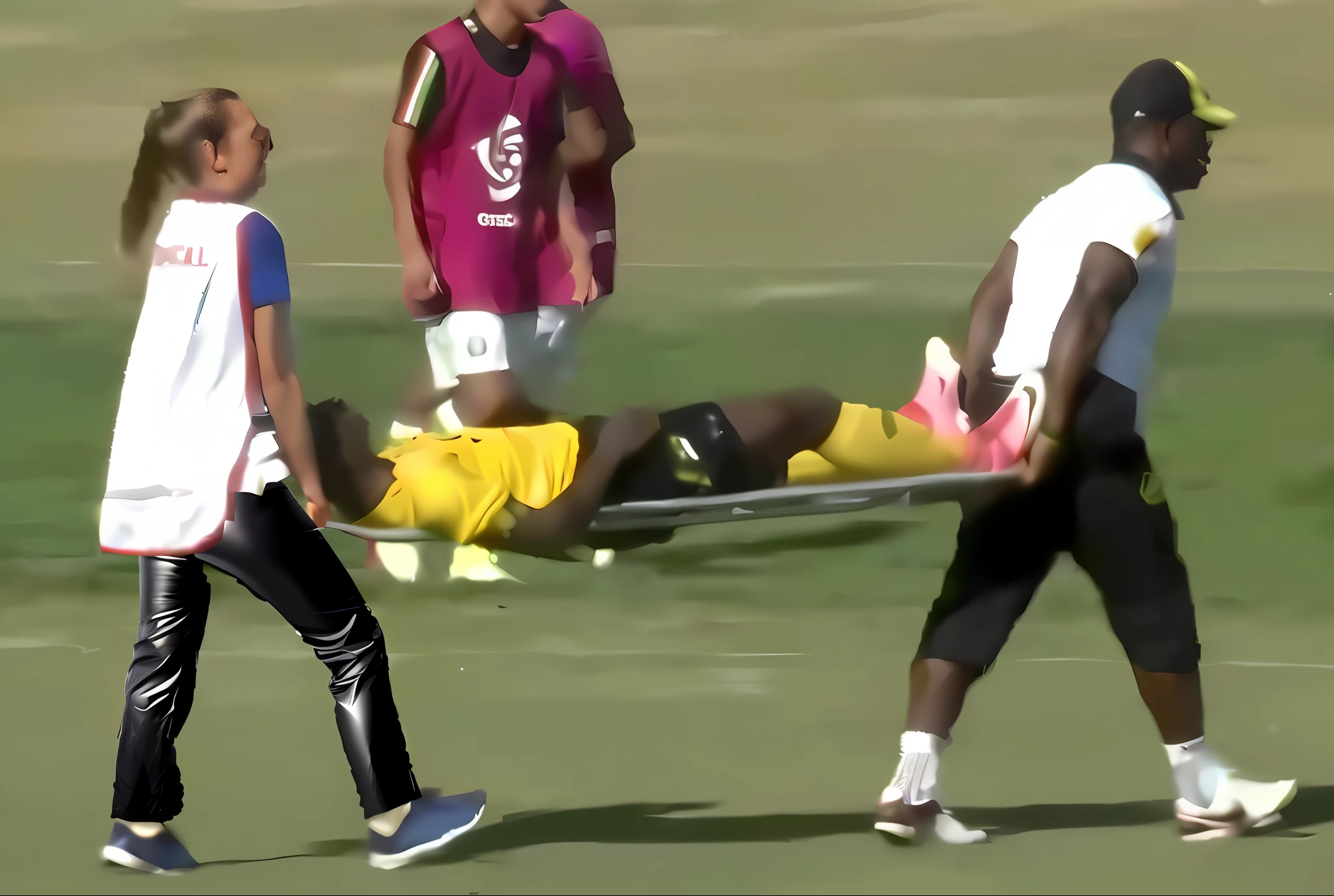 several people are playing soccer on a field with a man laying on the ground, injured, body swelling about to explode, ouch, air is being pushed around him, moonlight showing injuries, ots shot, gif, flying shot, tight shot, very sad, head is up, video, spikes on the body, trailer, bony, extended clip, his back is turned