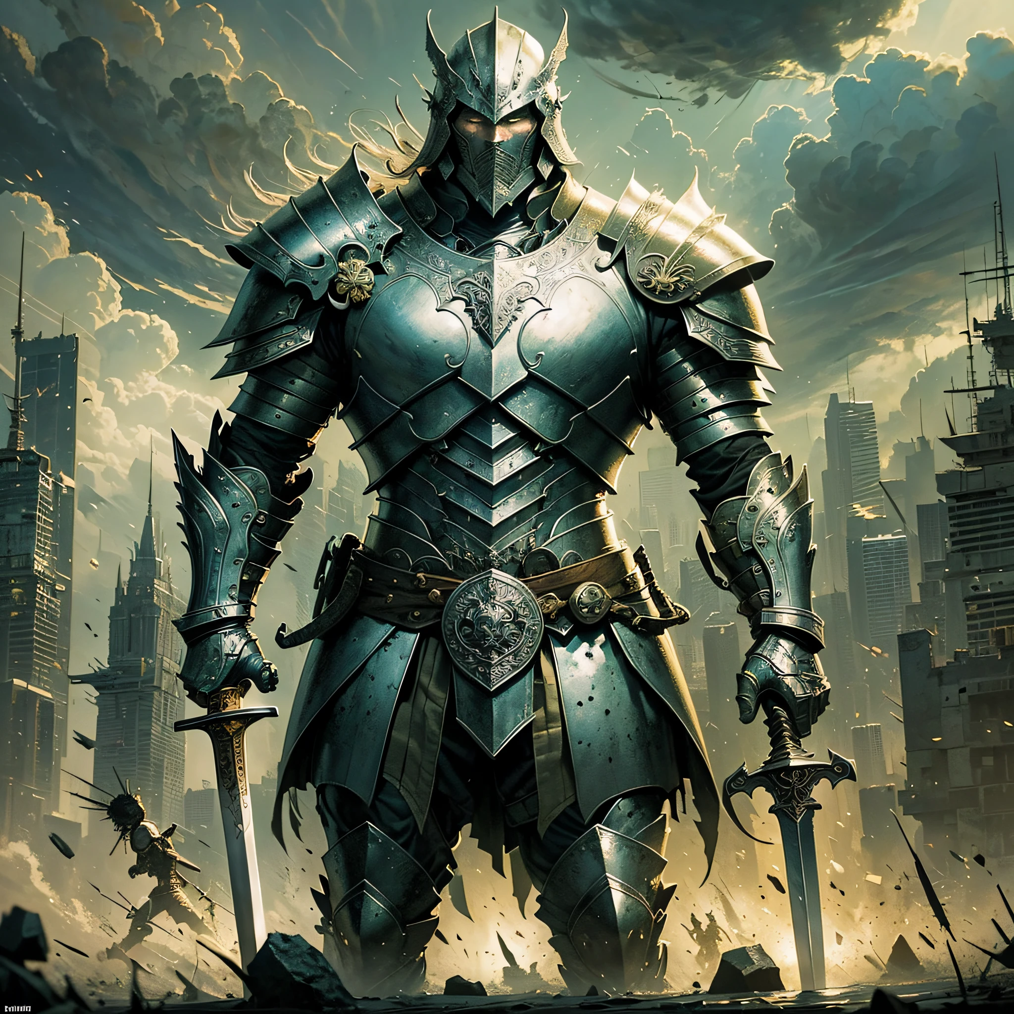 (an epic scene),(impressionistic style),(man with strong build),(armor),(standing in a battlefield),(holding a sword),(feeling of chaos),(thaiart),(dramatic lighting) --auto --s2