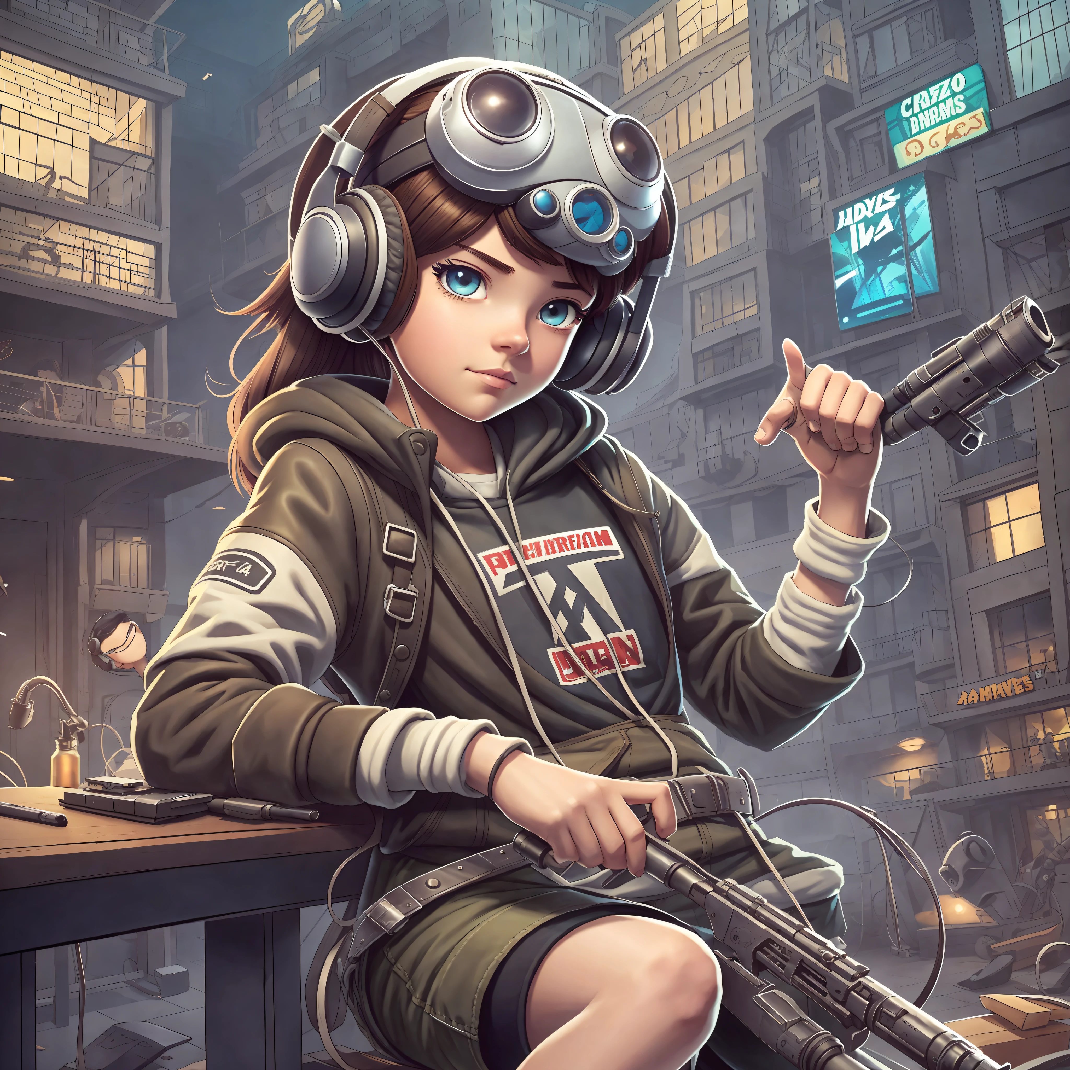 a cartoon character sitting on top of a chair,octane render pinterest,cedric peyranavernay,portrait of girl,super cute funky girl,In big red audio player headphones,Hand player,Holds audio player,unreal engine:0.2,tekkon kinkreet,oculus quest 2,mr. nimbus character design,smogpunk,closeup character portrait,mateo dineen,2 d cg, --auto --s2