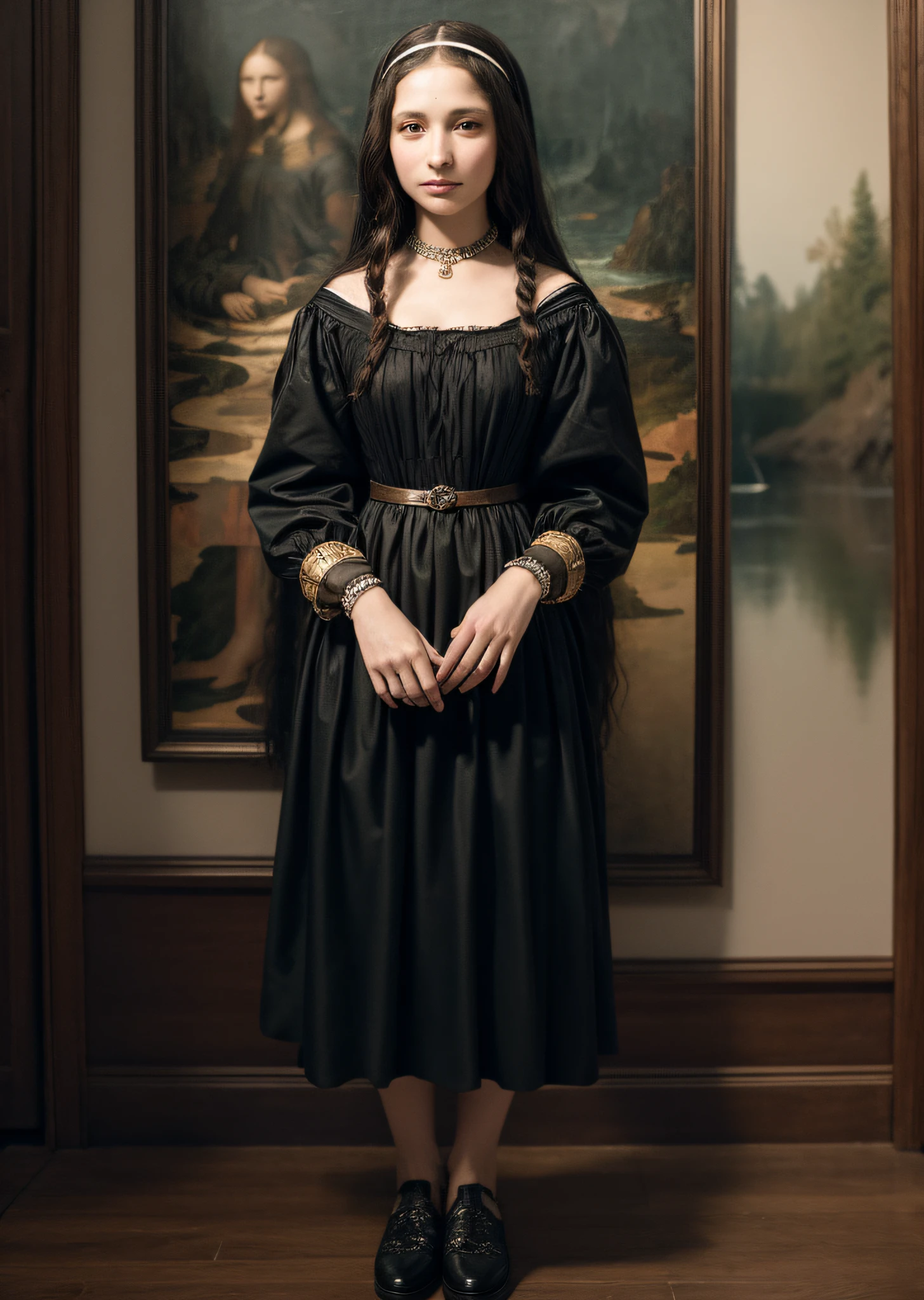 Mona Lisa dressed in rags, standing in the wilderness, gentle expression, full body portrait, shoes, catwalk, masterpiece, highest quality, high quality, highly detailed CG unit 8k wallpaper, award winning photo, bokeh, depth of field, HDR, flood, chromatic aberration, realistic, very detailed, art station trend, CGsociety trend, complex, high detail, dramatic, midway art, volumetric lighting