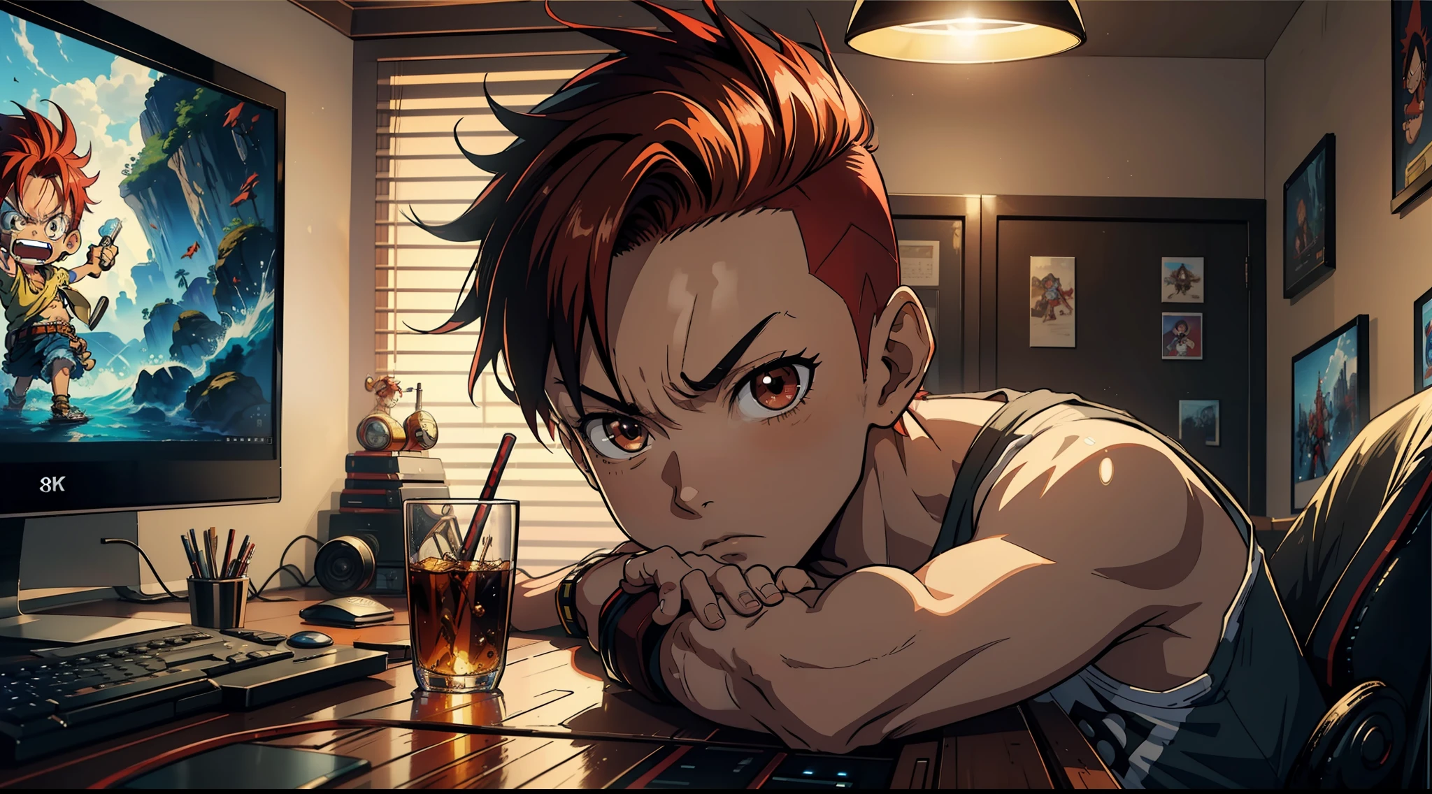 ((Best quality, 8k, Masterpiece: 1.3)), chibi, 3d, one piece, luffy, background, interior, gamer room, two computers, perfect lighting, (1boy), perfect brown eyes, perfect face, perfect hair, red mohawk hair, degrade on the sides