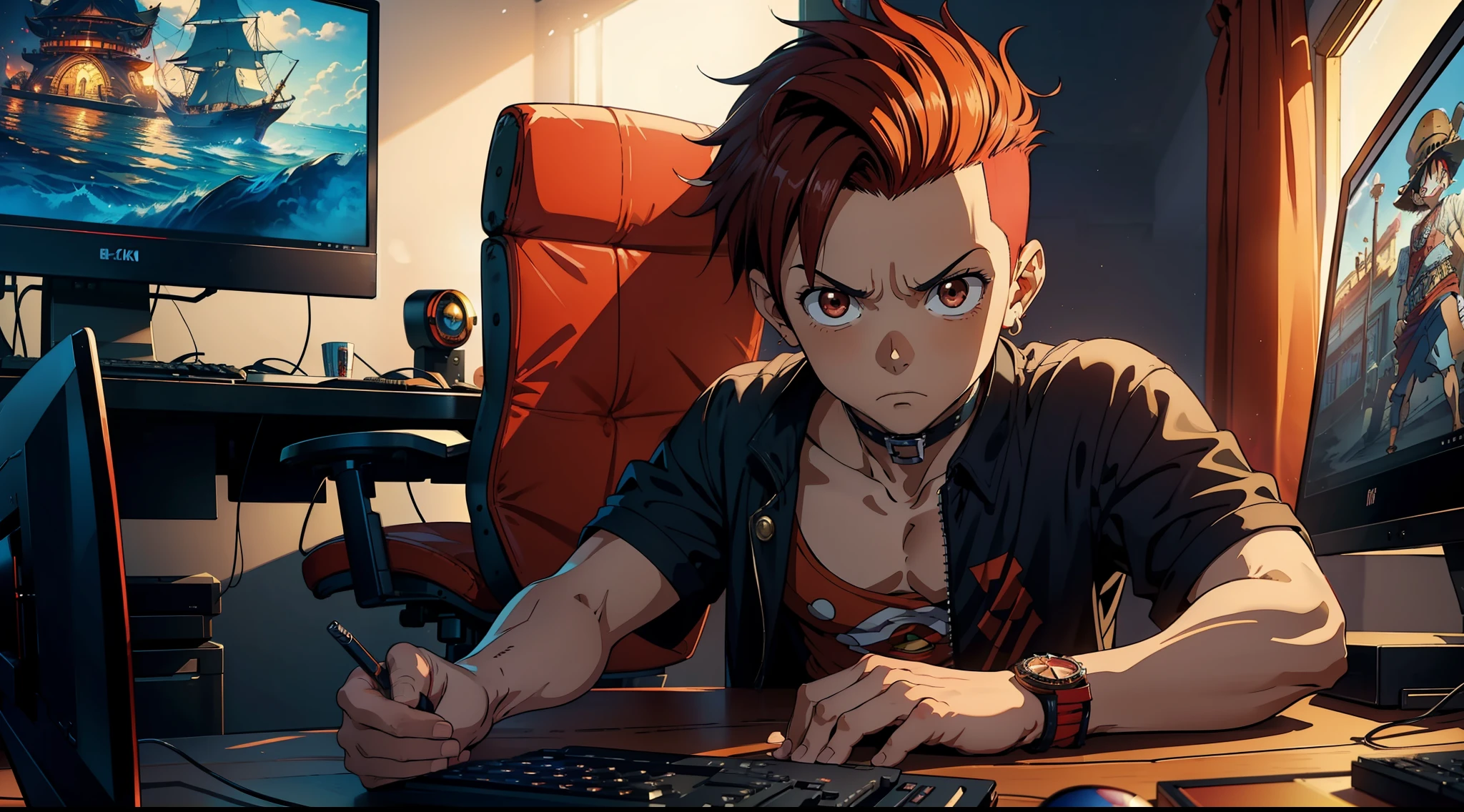 ((Best quality, 8k, Masterpiece: 1.3)), chibi, 3d, one piece, luffy, background, interior, gamer room, two computers, perfect lighting, (1boy), perfect brown eyes, perfect face, perfect hair, red mohawk hair, degrade on the sides