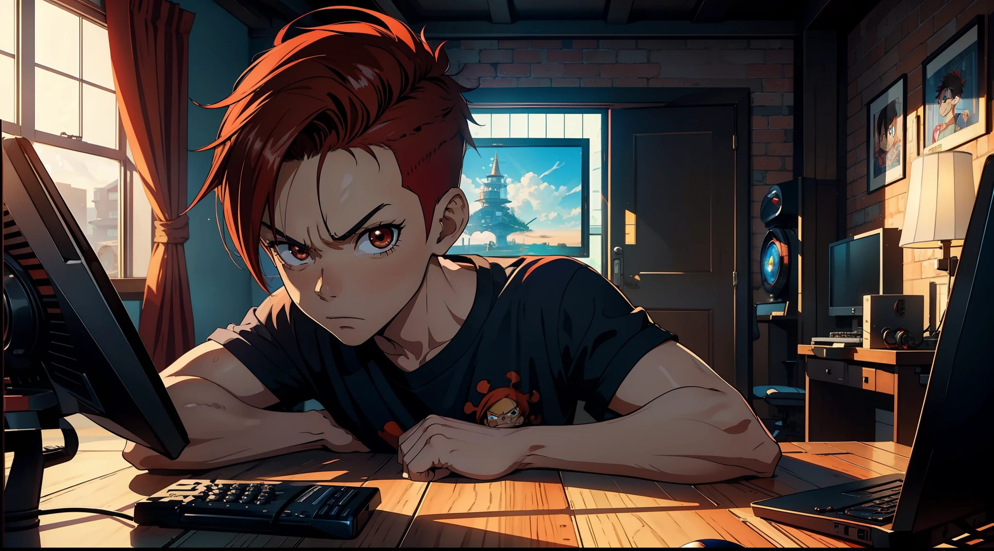 ((Best quality, 8k, Masterpiece: 1.3)), chibi, 3d, one piece, luffy, background, interior, gamer room, two computers, perfect lighting, (1boy), perfect brown eyes, perfect face, perfect hair, red mohawk hair, degrade on the sides