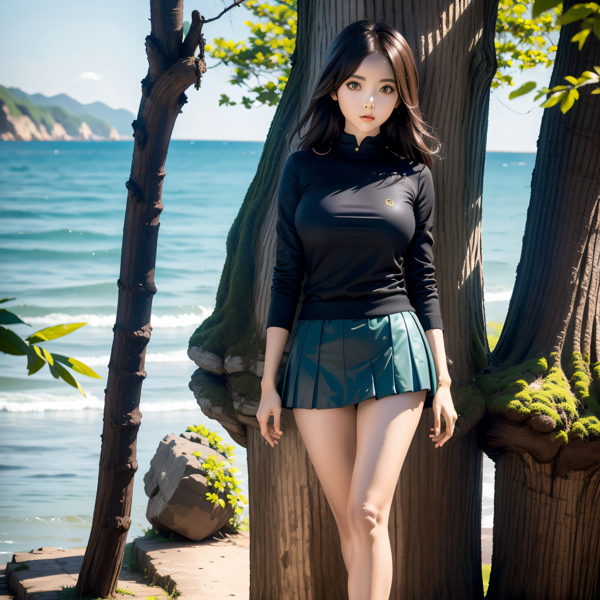 Temperament, big eyes, pretty, sexy, miniskirt, girl, tree, sea