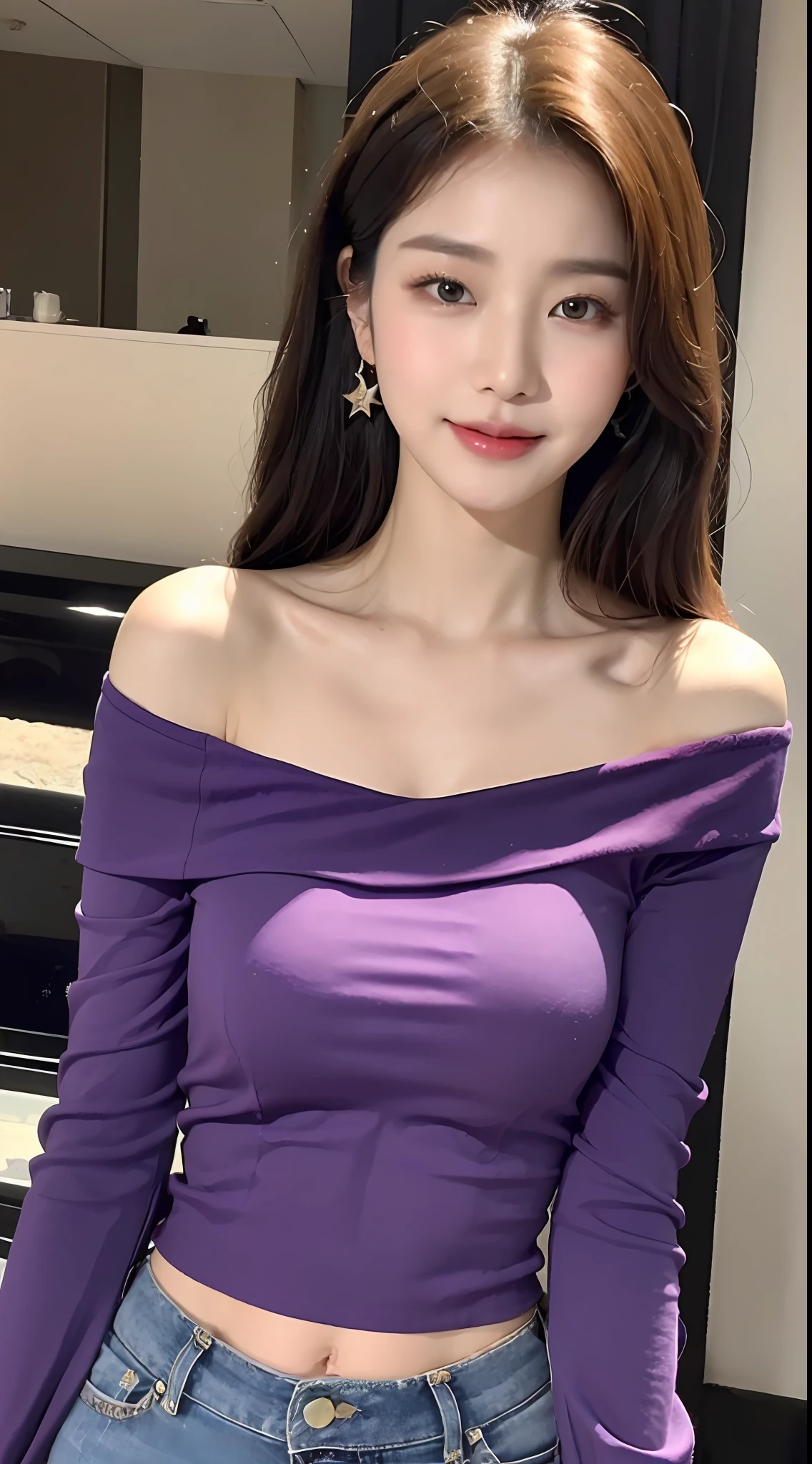 (1 Korean star with royal sister style), ((best quality, 8k, masterpiece: 1.3)), focus: 1.2, perfect body beauty: 1.4 , (smile), (Street: 1.3), highly detailed face and skin texture, fine eyes, double eyelids, whitening skin, (big wave hairstyle: 1.3), (round face: 1.5), (purple off-the-shoulder top: 1.4),