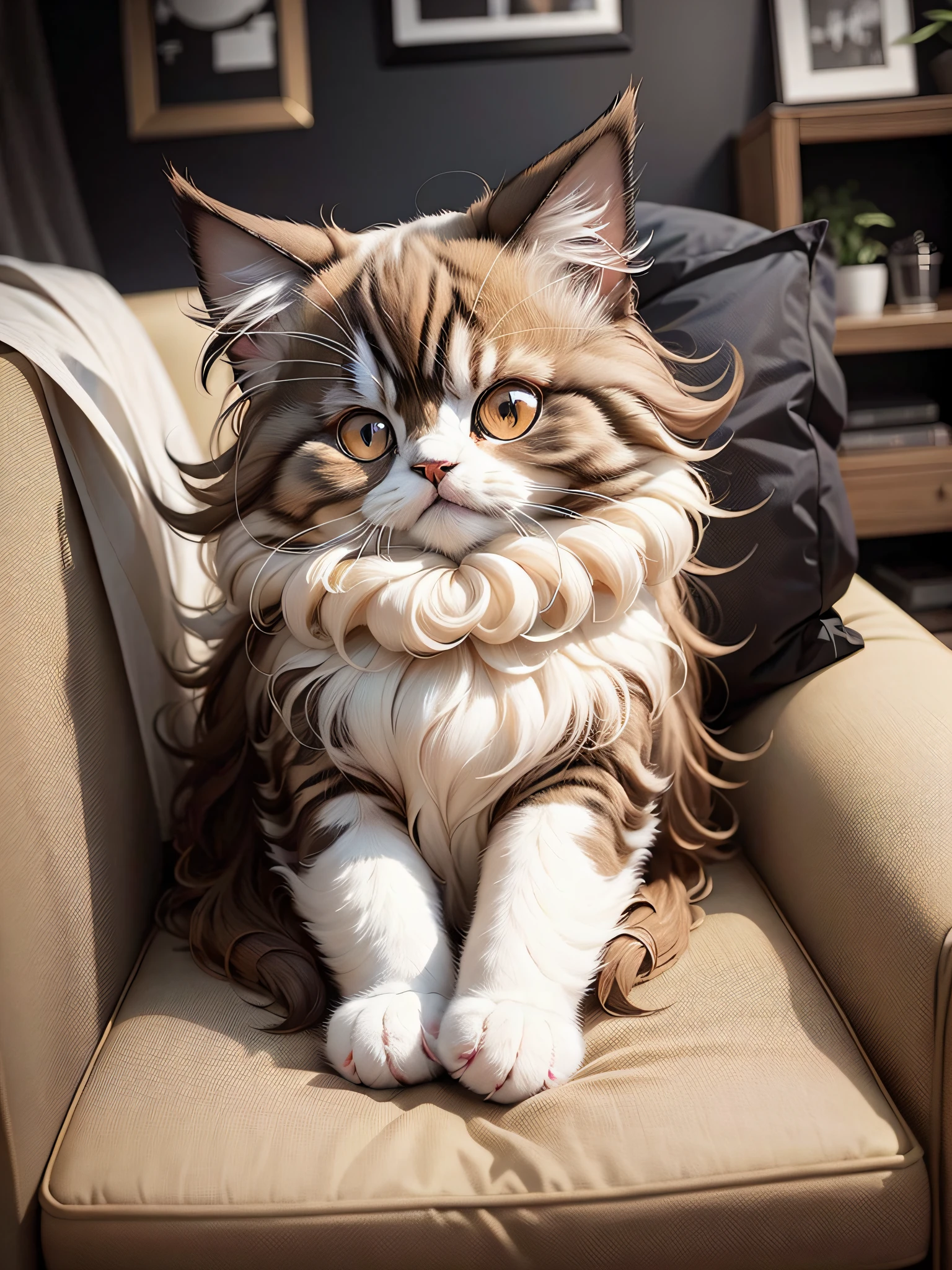 brown and white long hair persian cat, seating on black sofa, white body color and brown color top, cute and adorable look, long and fluffy fur --auto --s2