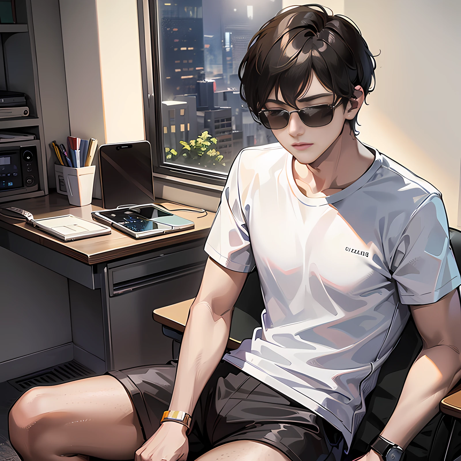 In the dormitory, a handsome boy sits at a desk, eyes closed, with sunglasses, short black hair, white T-shirt and short sleeves, picking up a mobile phone on the phone, 4k, super detail