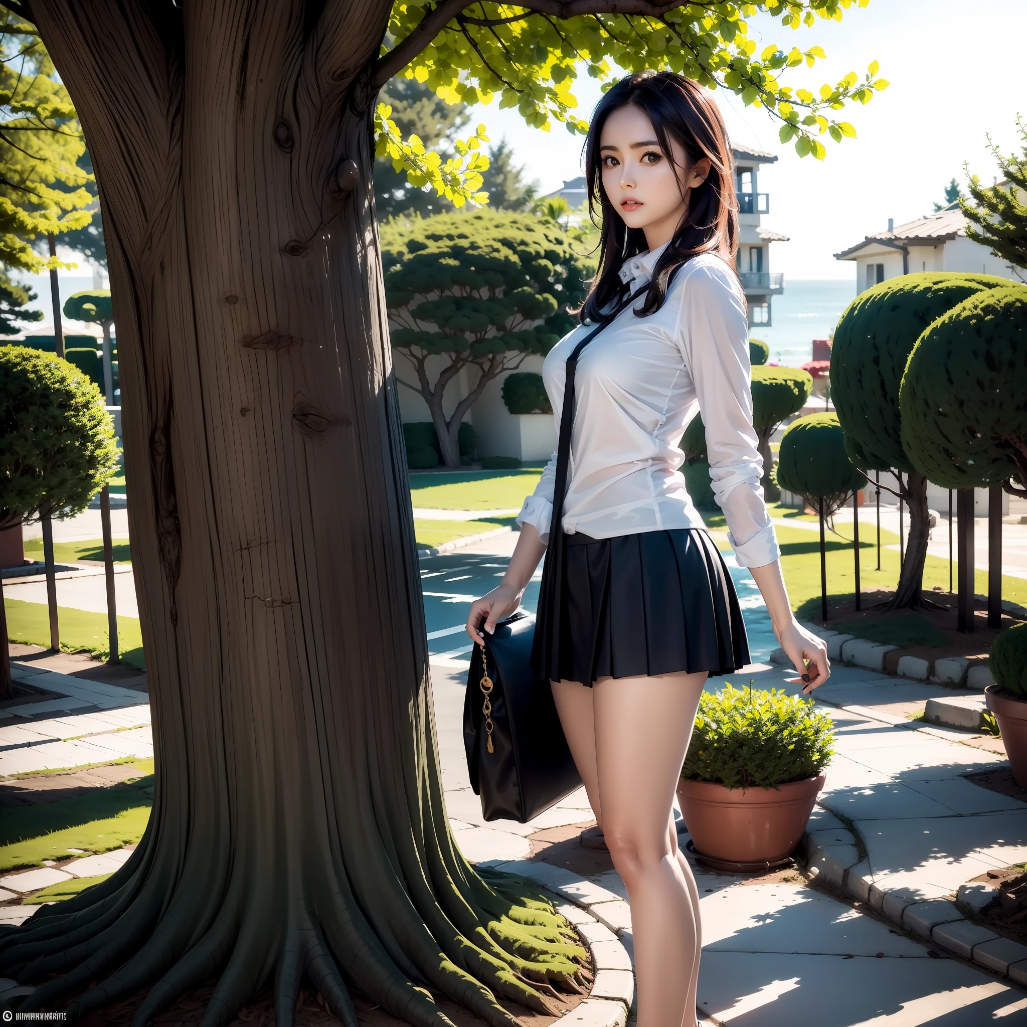 Temperament, big eyes, pretty, sexy, miniskirt, girl, tree, sea