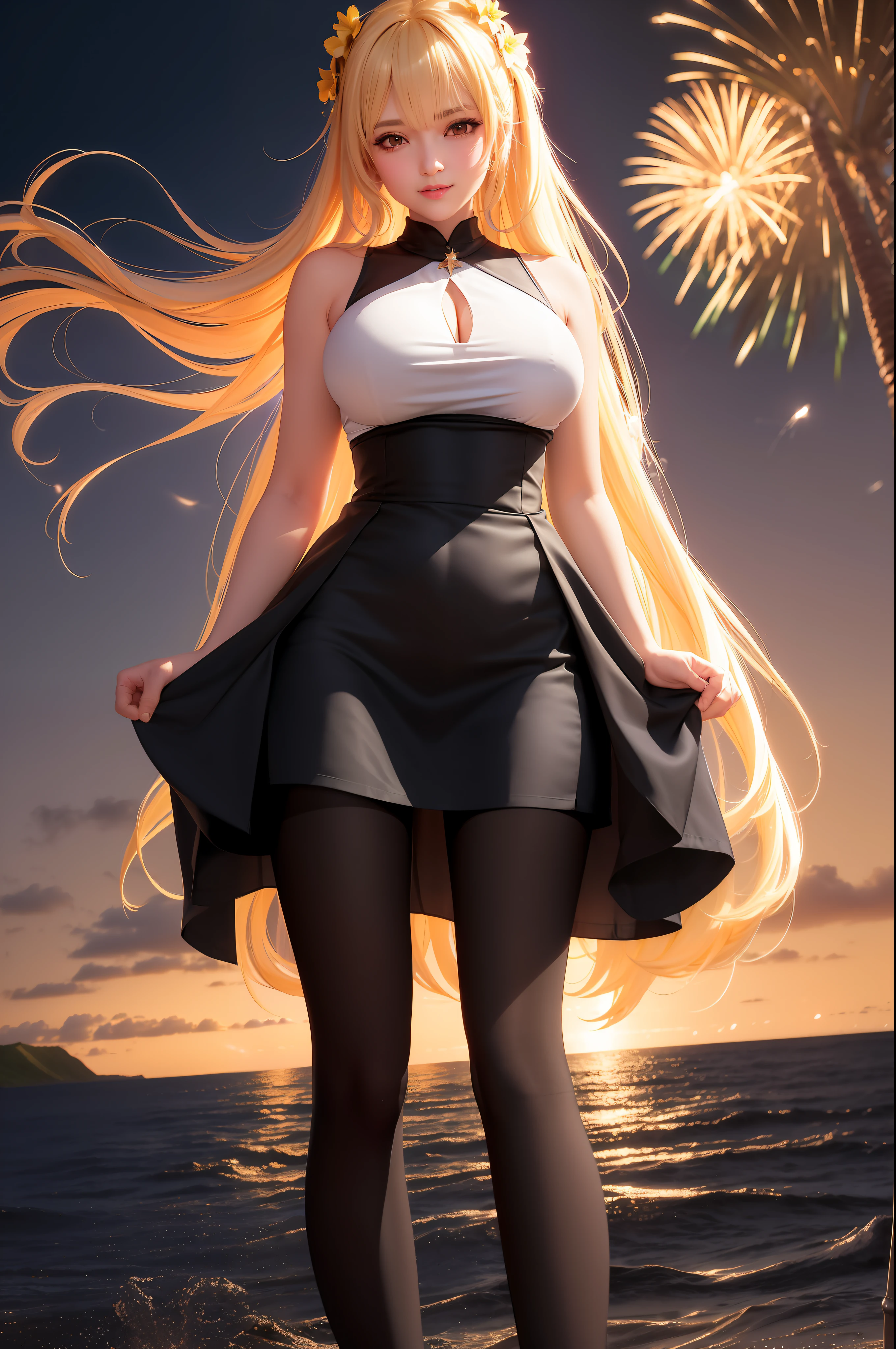 extremely detailed CG unity 8k wallpaper, (((black pantyhose))), huge breasts, (((bishoujo))), day, sun, full_moon, stars, fireworks, in hawaii, (sleeveless dress),