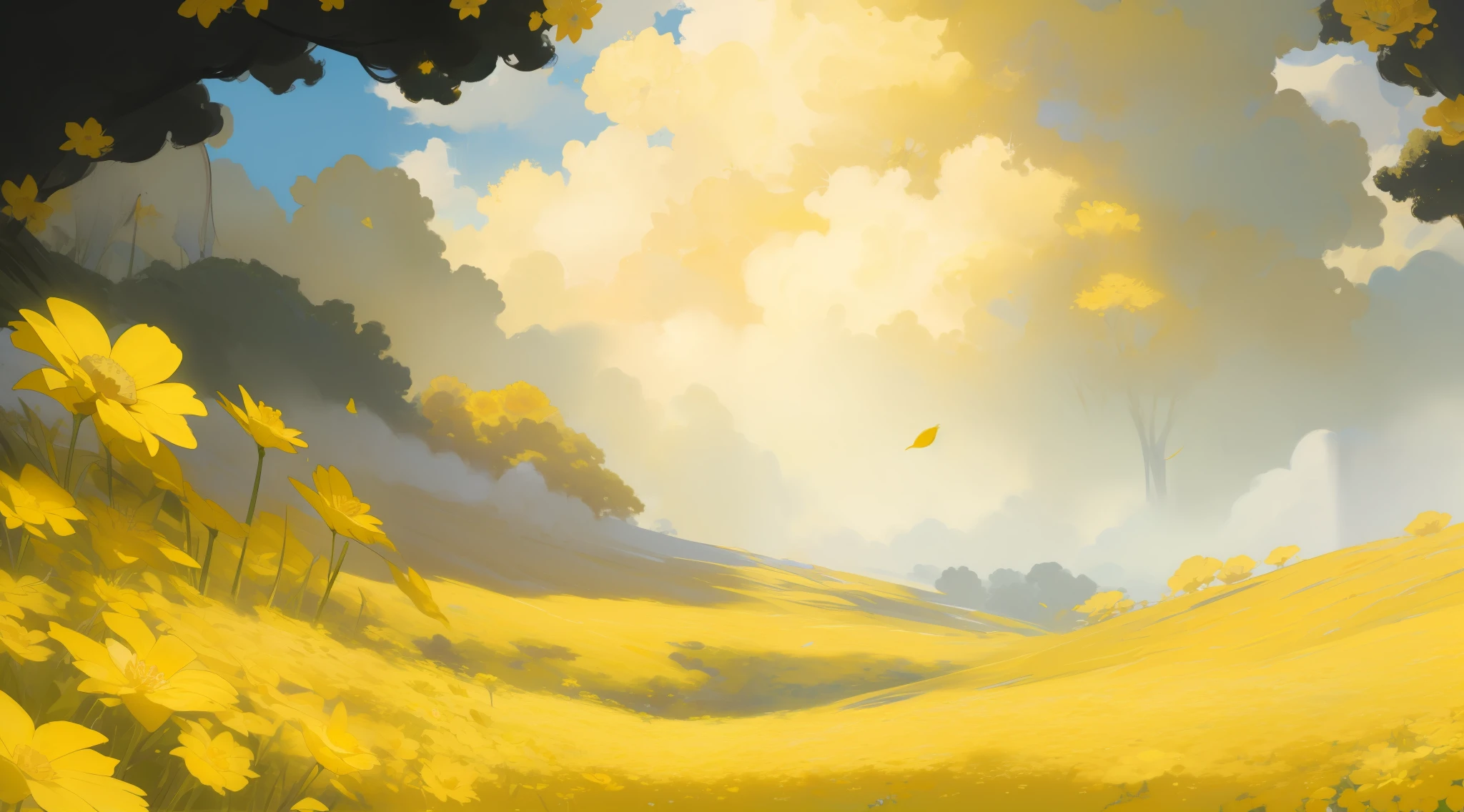 (Intricate details, masterpiece, best quality, high resolution, 8k) foreground yellow flower close-up, yellow flower close-up, yellow flower, tree, white cloud, anime background,