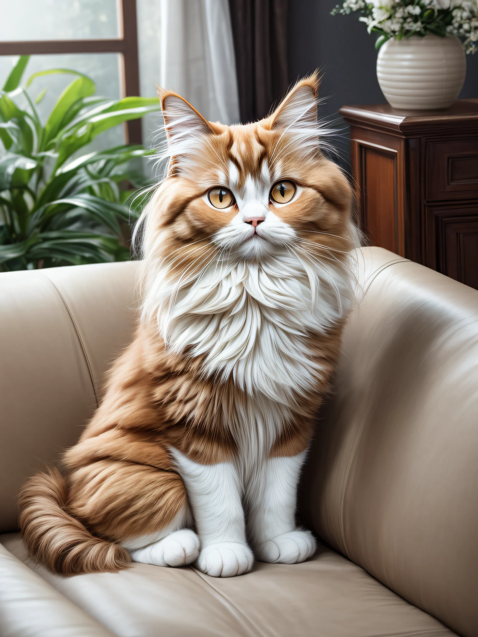 brown and white long hair persian cat, seating on black sofa, natural cat, seating like cat, ginger and white color, white body color and brown color top, cute and adorable look, long and fluffy fur, 4k image, high definition, RAW, Masterpiece, Ultra Fine Photo,, Best Quality, Ultra High Resolution, volume Fog, 8k uhd, dslr, high quality, film grain, gorgeous, milky --auto --s2
