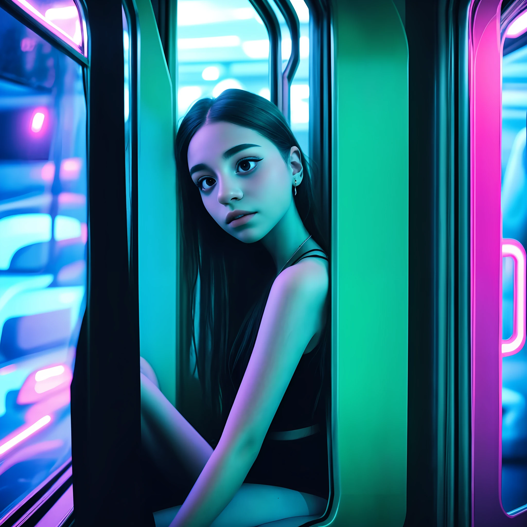 arafed woman sitting on a bus looking out the window, inspired by Elsa Bleda, portrait sophie mudd, brandon woelfel, in style of petra collins, inspired by Nan Goldin, mid shot portrait, lofi girl, lofi portrait at a window, editorial photography, ariana grande photography, shot with a canon 35mm lens