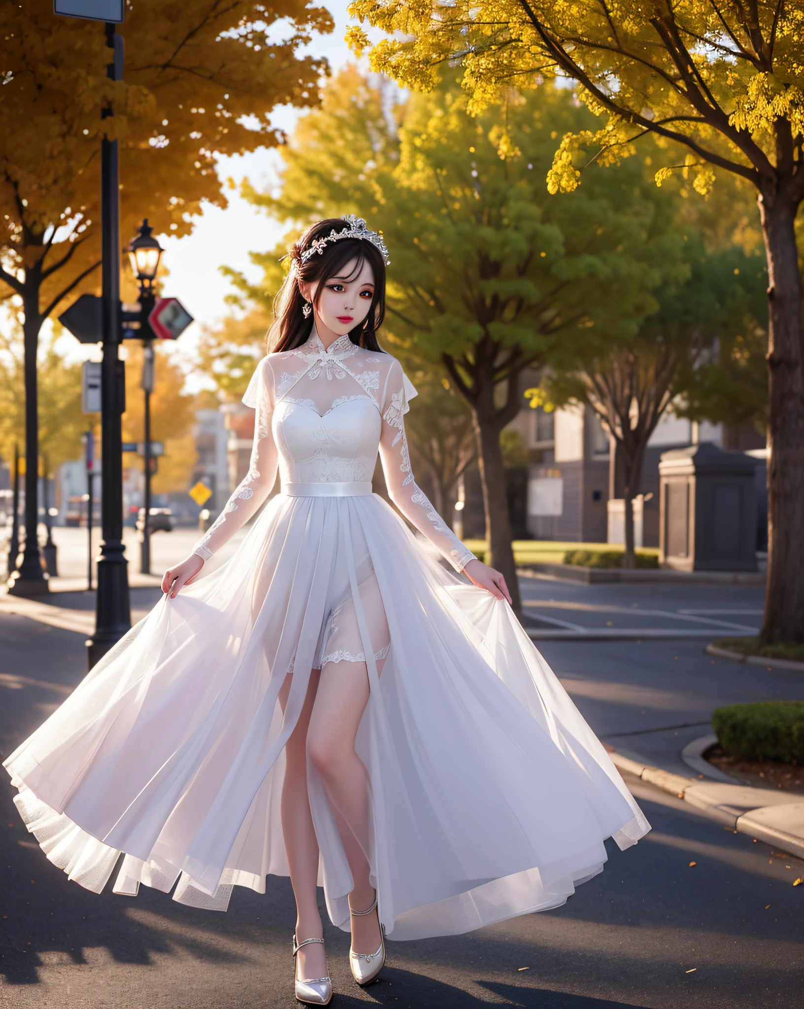 Top lighting, masterpiece, 8K, CG, absolutely beautiful girl in light tulle, on the street, pitiful expression looking ahead, (full body transparent lace light tulle),