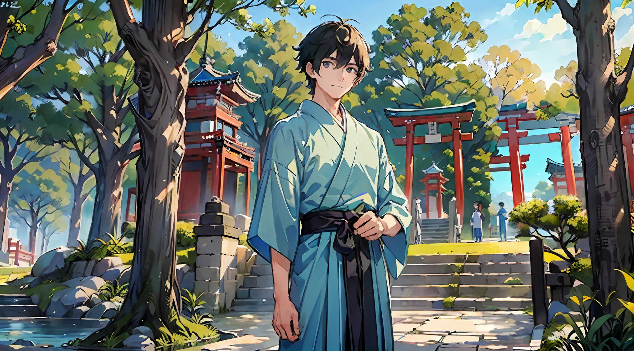 ((Masterpiece: 1.4, best quality)), Boys: 1.1, green and short hair and eyes, Light blue Hakama: 1.2, the background is a temple of Japan.