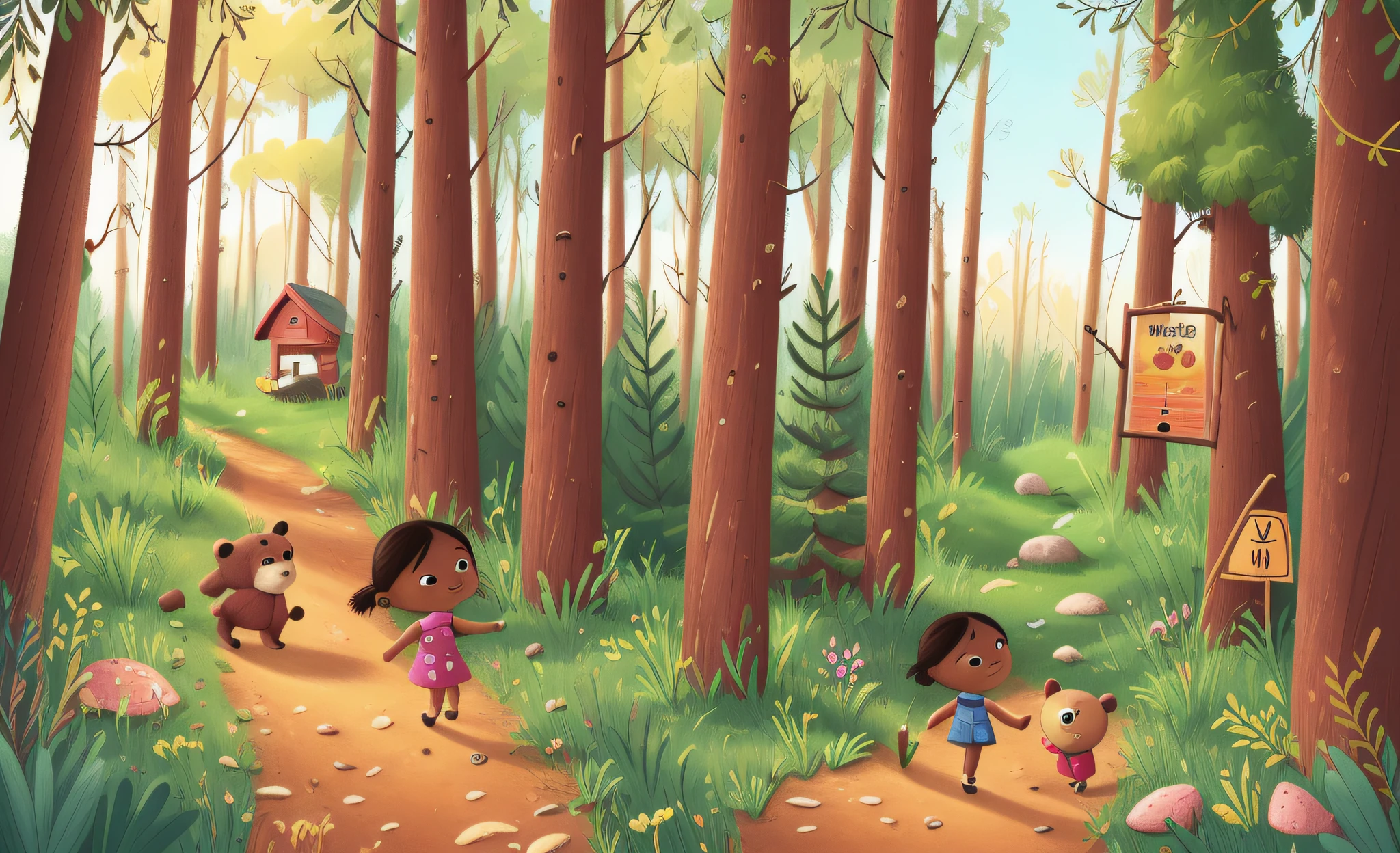 In the late afternoon, a 4-year-old girl, and a small bear, walking down the road, a sign appeared in front of it, spotted a sign pointing to the exit, very happy, in the forest, rocks and large trees provide a cozy background, picture book style, cartoon