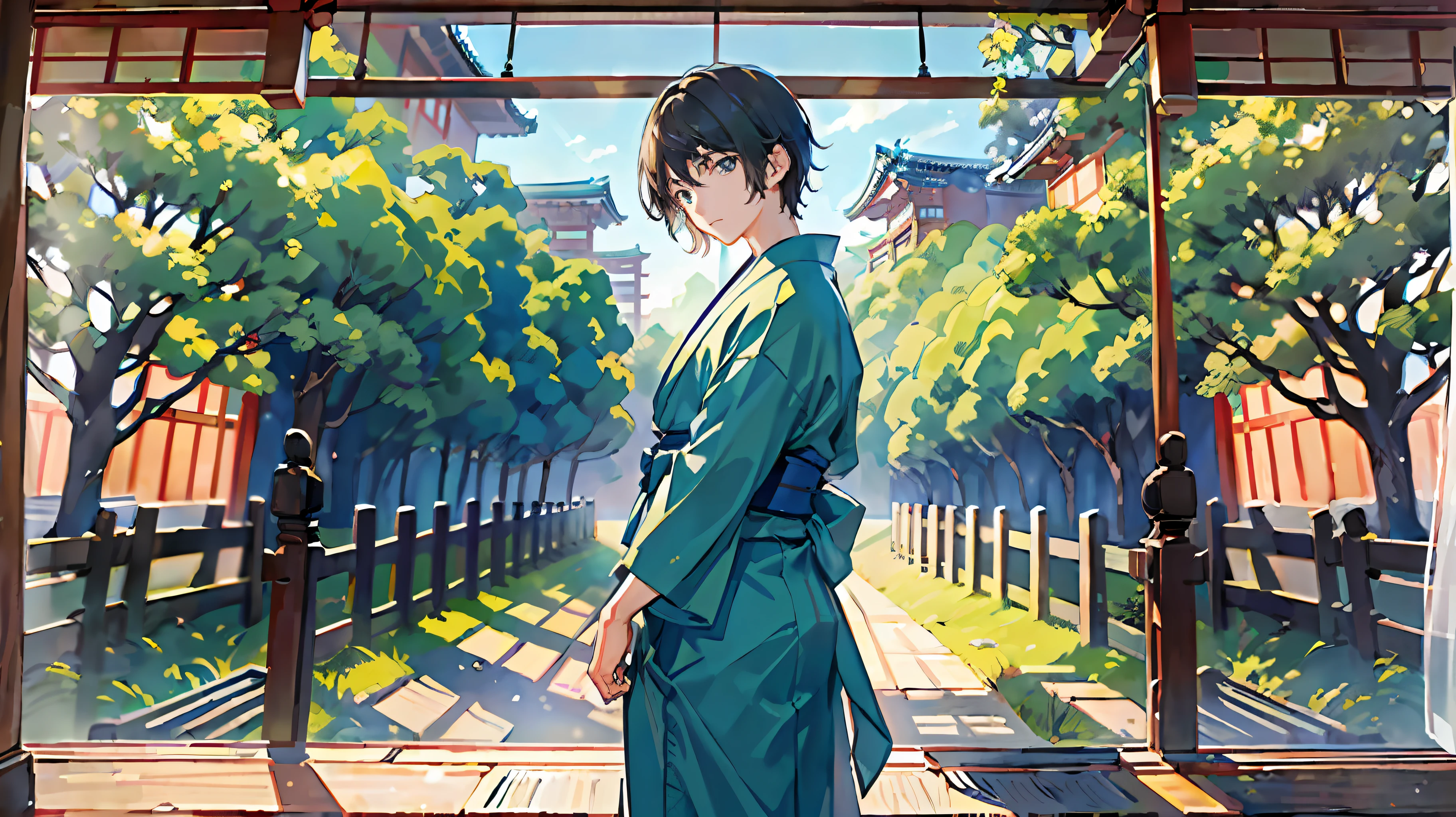 ((Masterpiece: 1.4, best quality)), Boys: 1.1, green and short hair and eyes, Light blue Hakama: 1.2, the background is a temple of Japan.