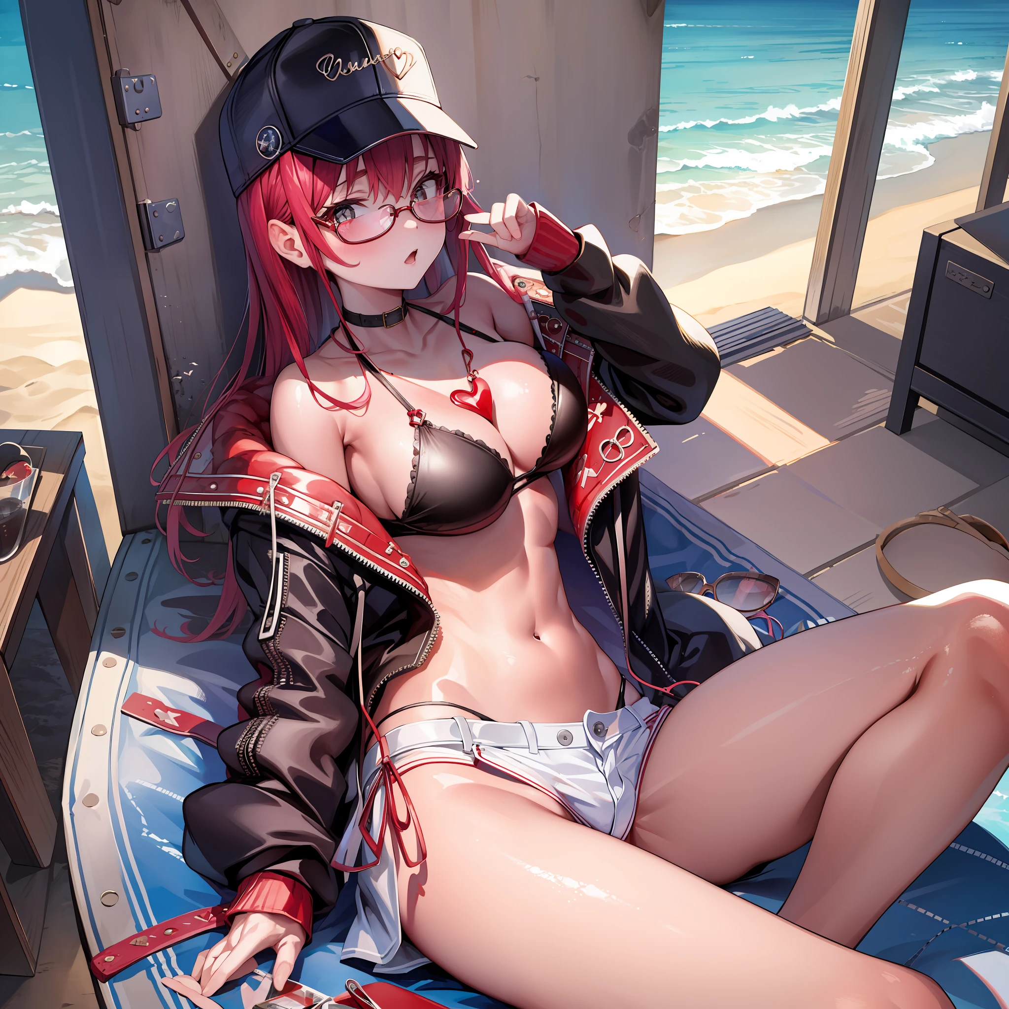 ((Masterpiece)), (Best Quality),marine_beach, red bikini, white shorts, jewelry, black jacket, baseball cap, heart-shaped eyewear, (NSFW: 2.0), Full Body, Solo