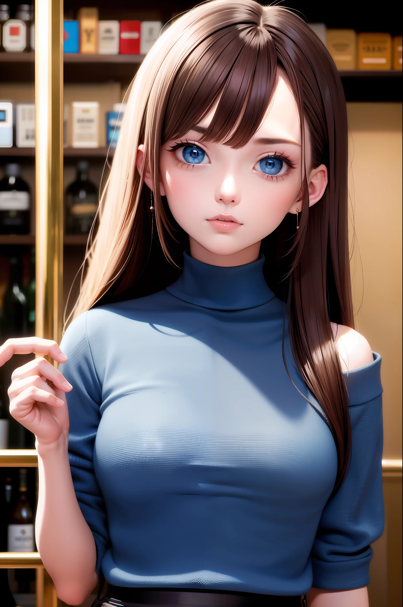 best quality, masterpiece, brunette hair, blue eyes, head up, upper body, bar, big